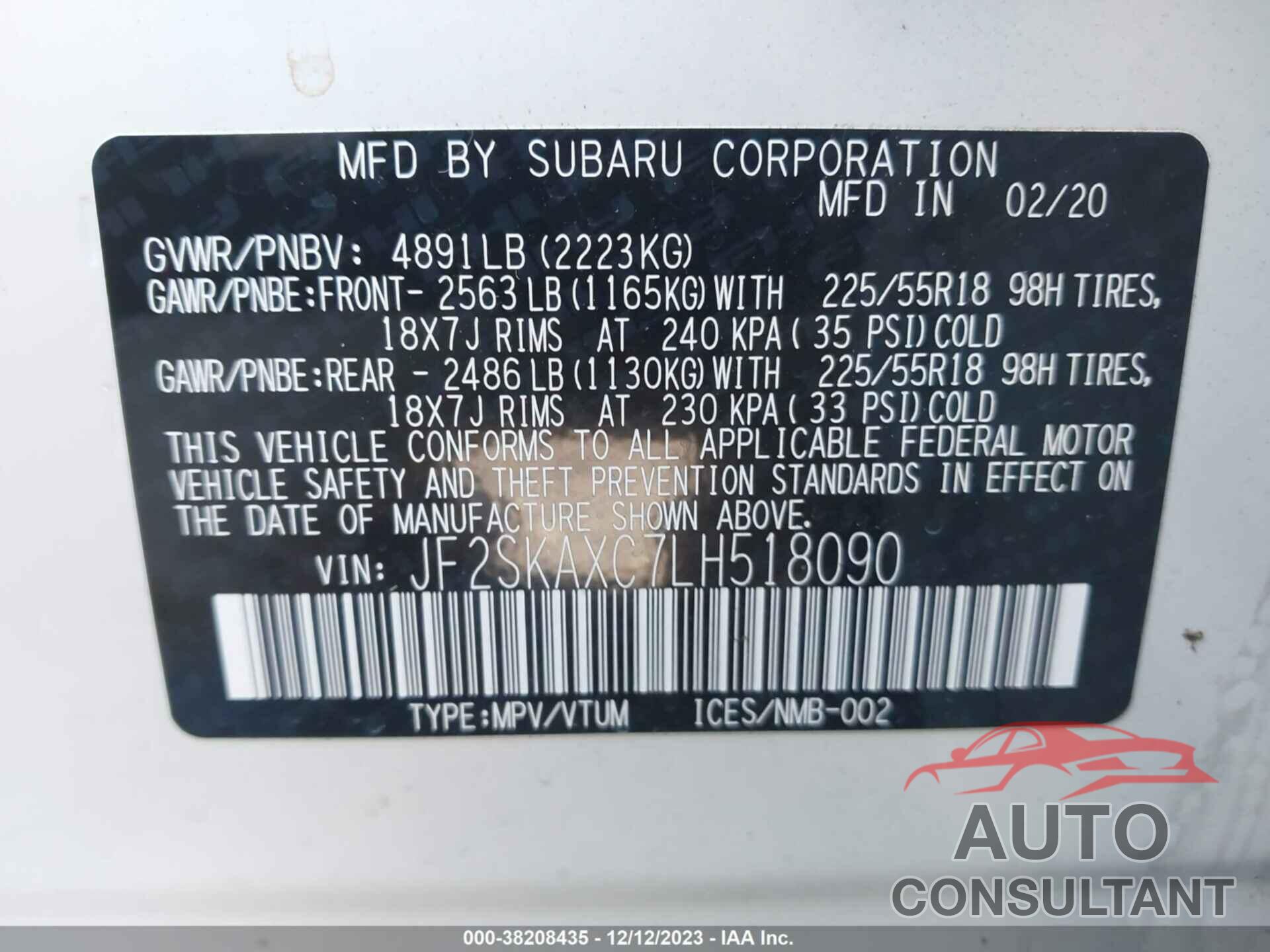 SUBARU FORESTER 2020 - JF2SKAXC7LH518090