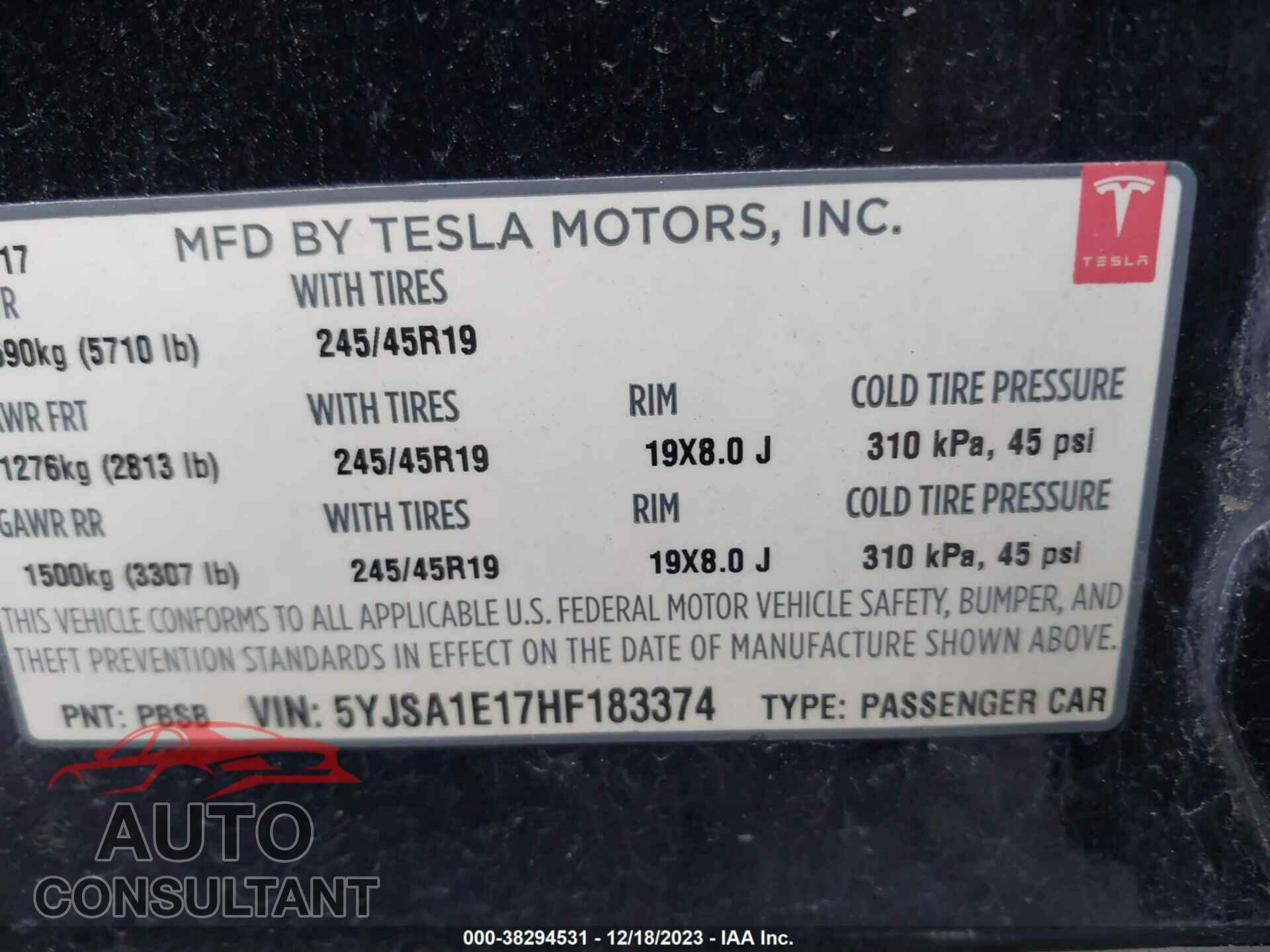 TESLA MODEL S 2017 - 5YJSA1E17HF183374