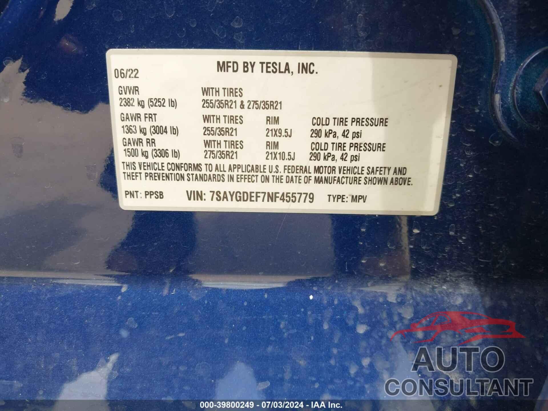 TESLA MODEL Y 2022 - 7SAYGDEF7NF455779