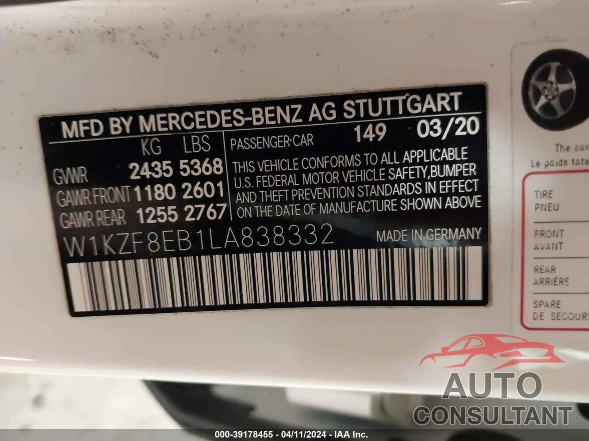 MERCEDES-BENZ E 350 2020 - W1KZF8EB1LA838332