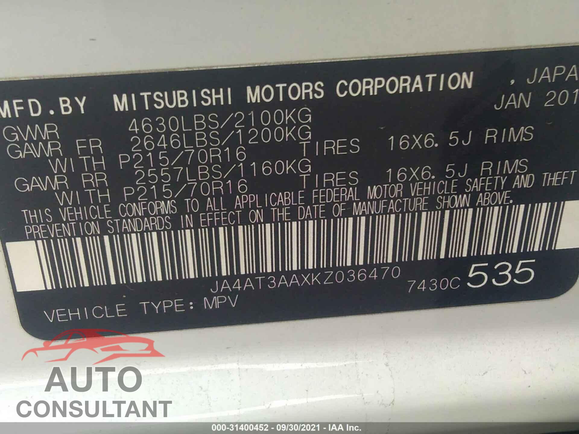 MITSUBISHI ECLIPSE CROSS 2019 - JA4AT3AAXKZ036470