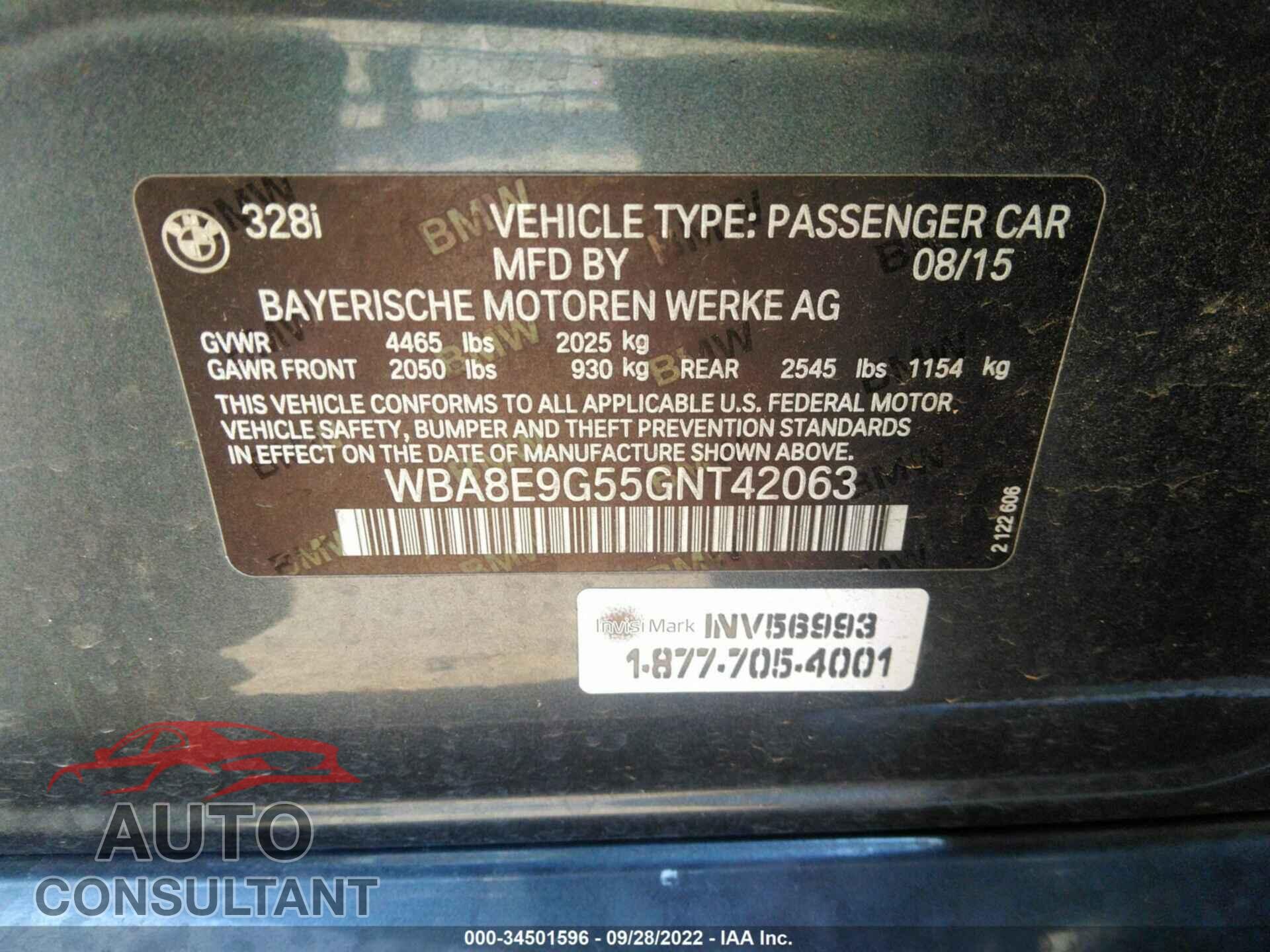 BMW 3 SERIES 2016 - WBA8E9G55GNT42063