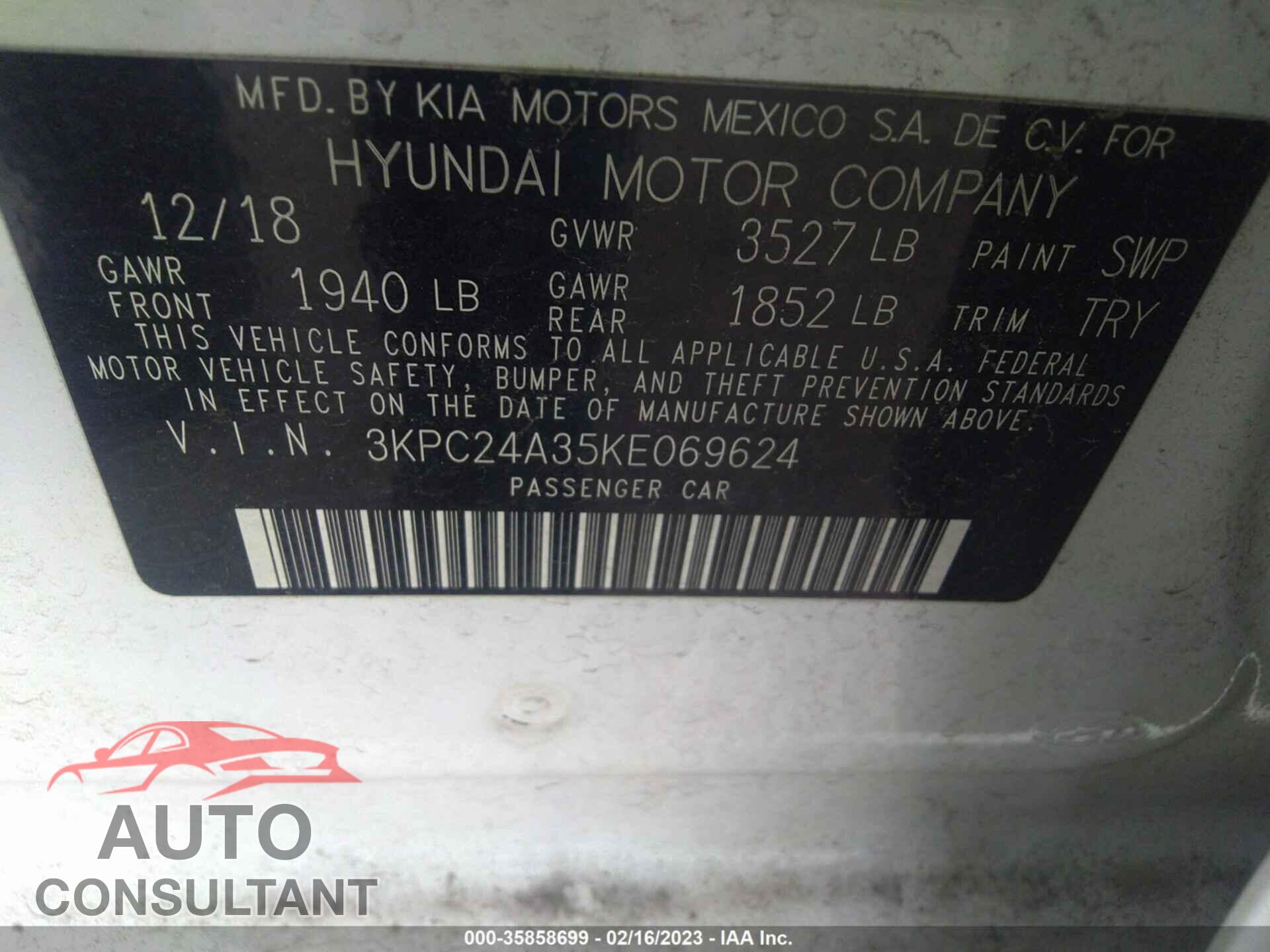 HYUNDAI ACCENT 2019 - 3KPC24A35KE069624