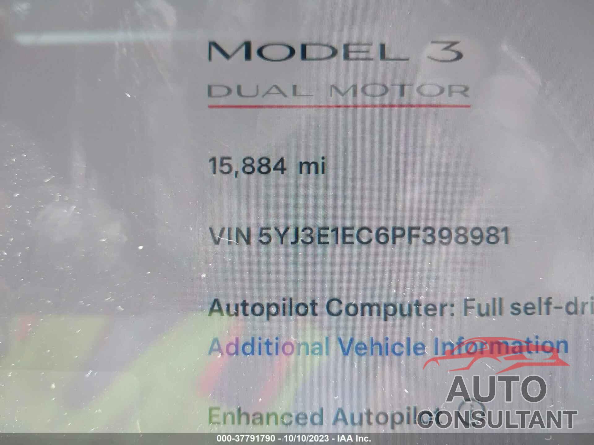 TESLA MODEL 3 2023 - 5YJ3E1EC6PF398981