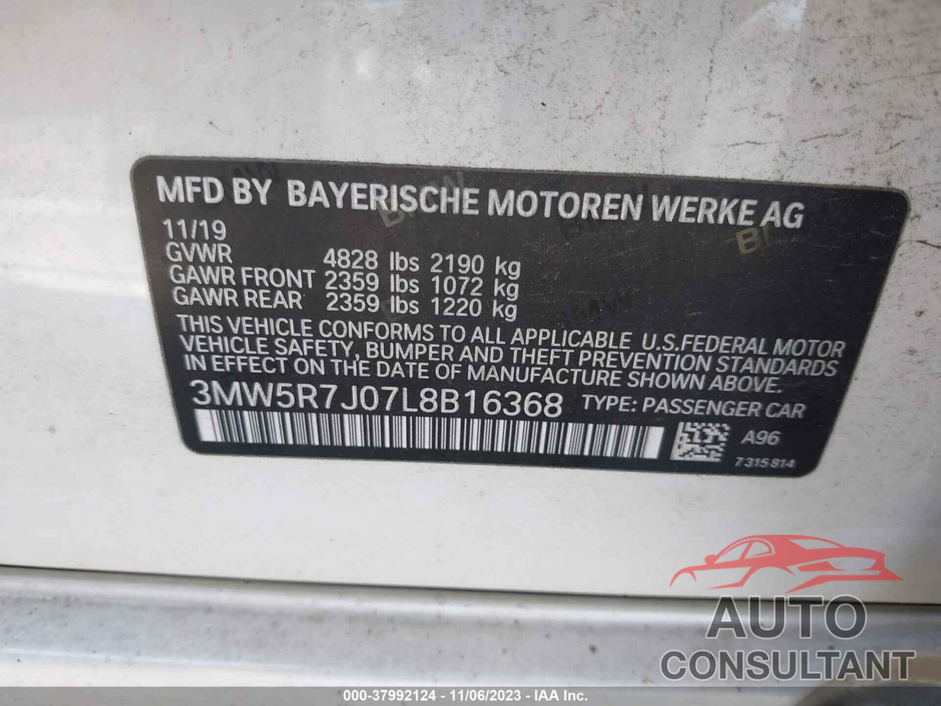 BMW 3 SERIES 2020 - 3MW5R7J07L8B16368