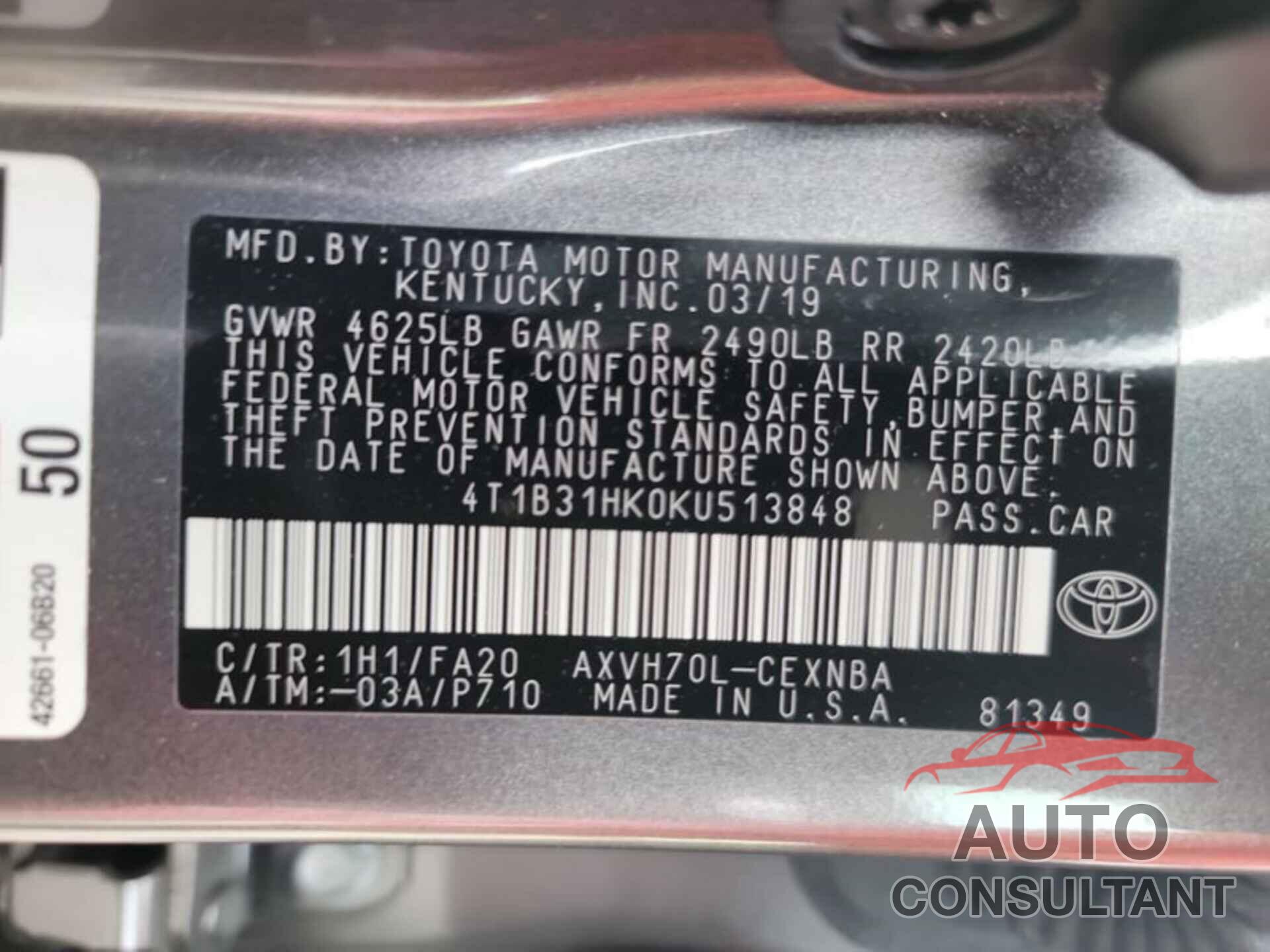 TOYOTA CAMRY 2019 - 4T1B31HK0KU513848