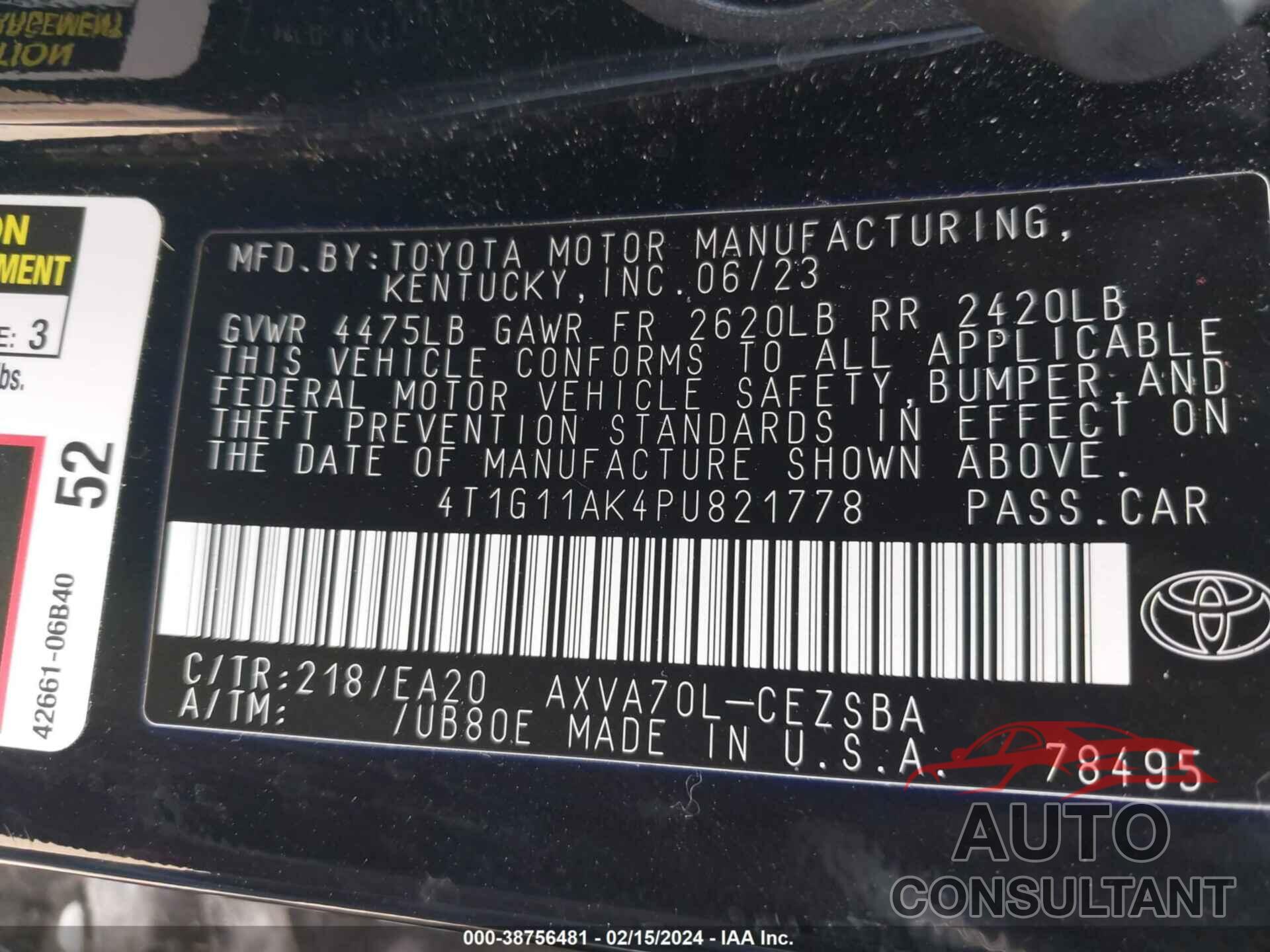 TOYOTA CAMRY 2023 - 4T1G11AK4PU821778