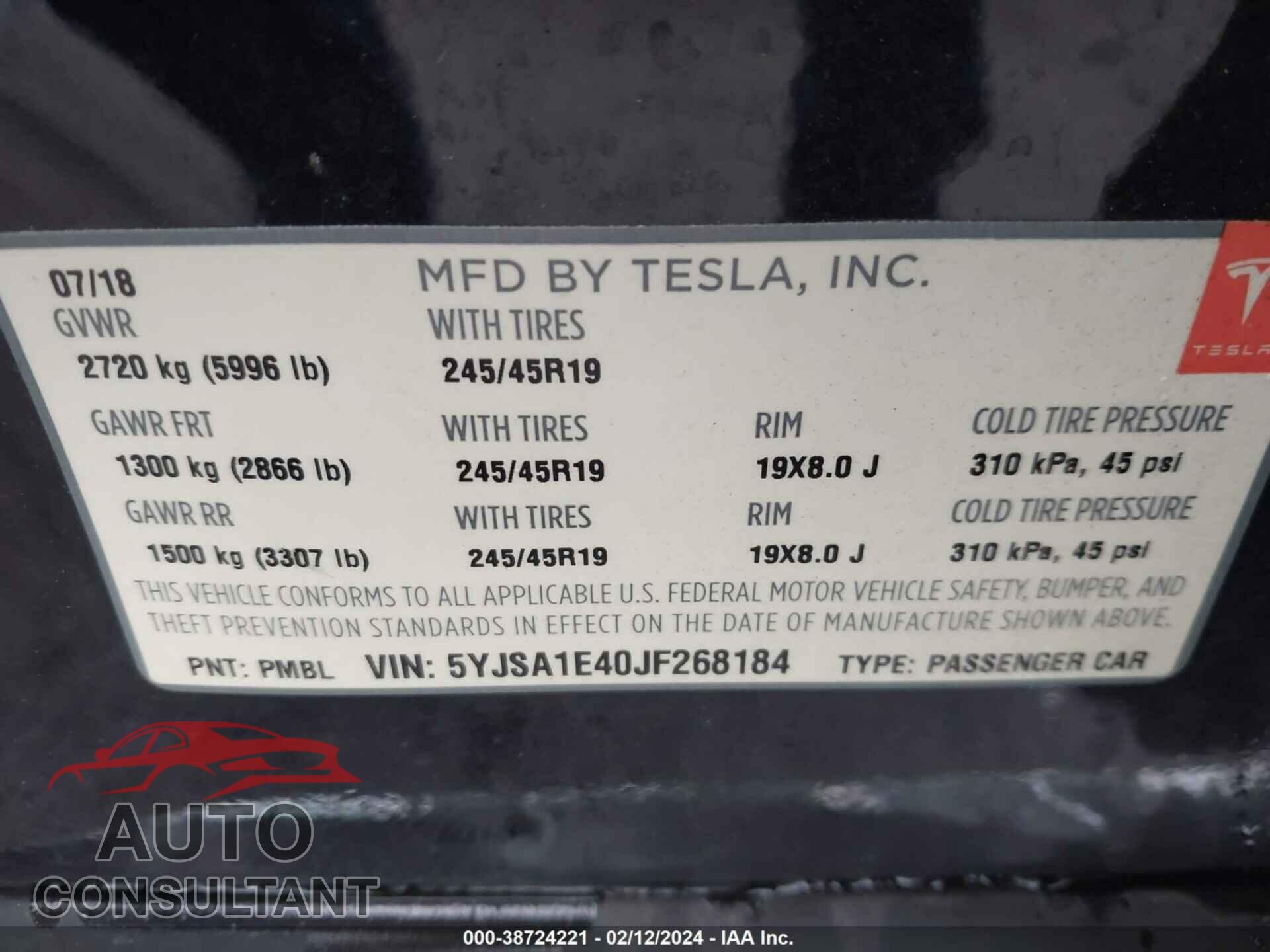 TESLA MODEL S 2018 - 5YJSA1E40JF268184