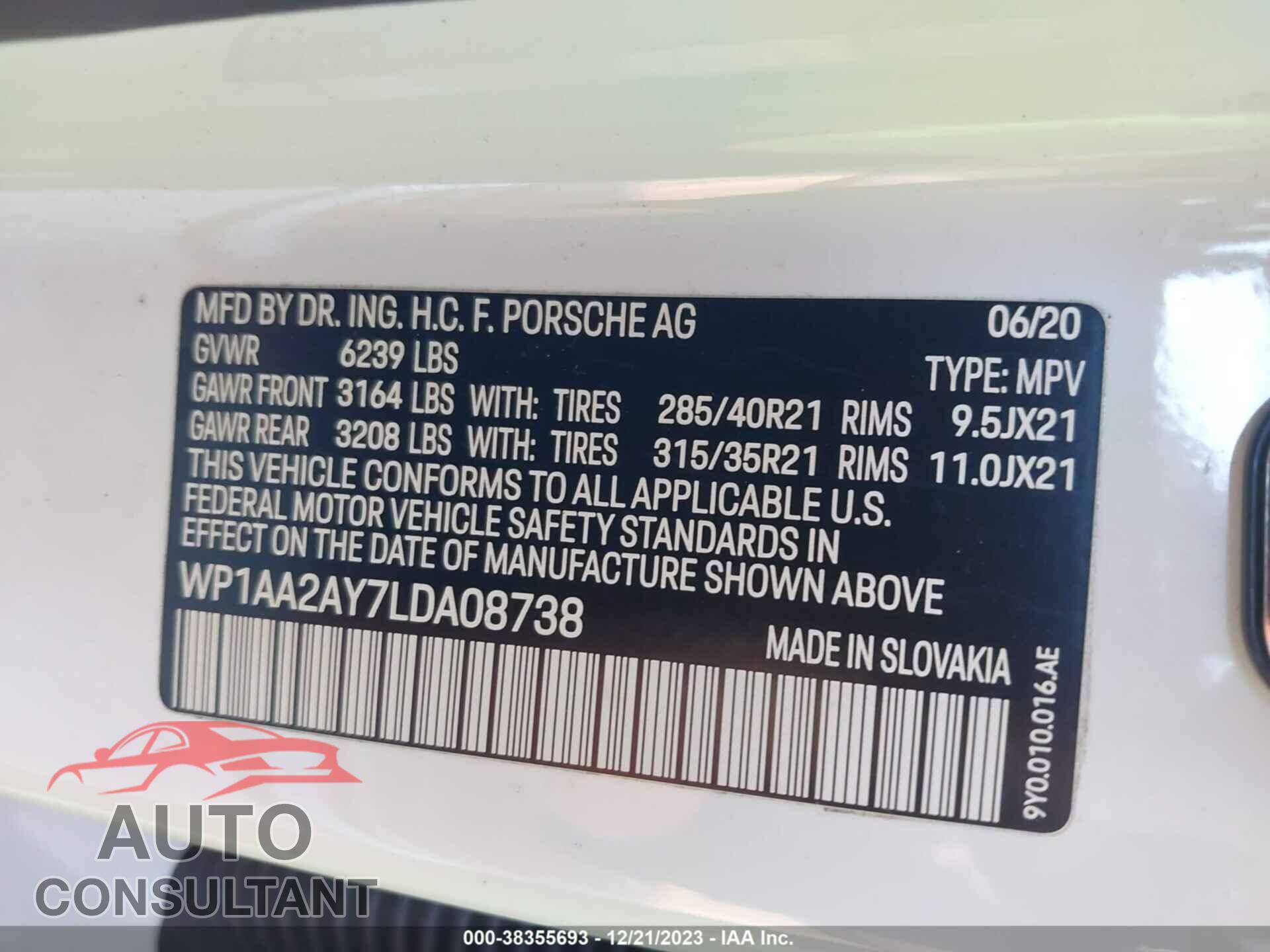 PORSCHE CAYENNE 2020 - WP1AA2AY7LDA08738