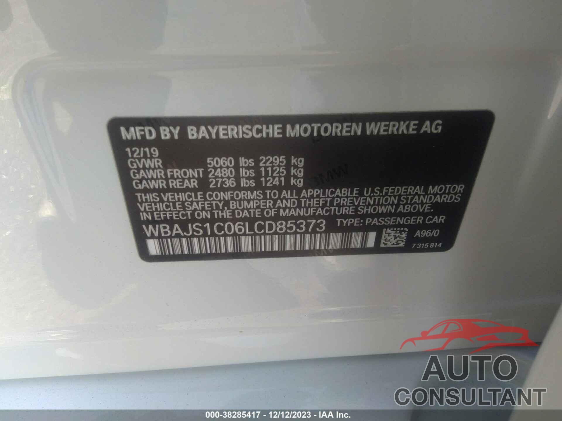 BMW 5 SERIES 2020 - WBAJS1C06LCD85373