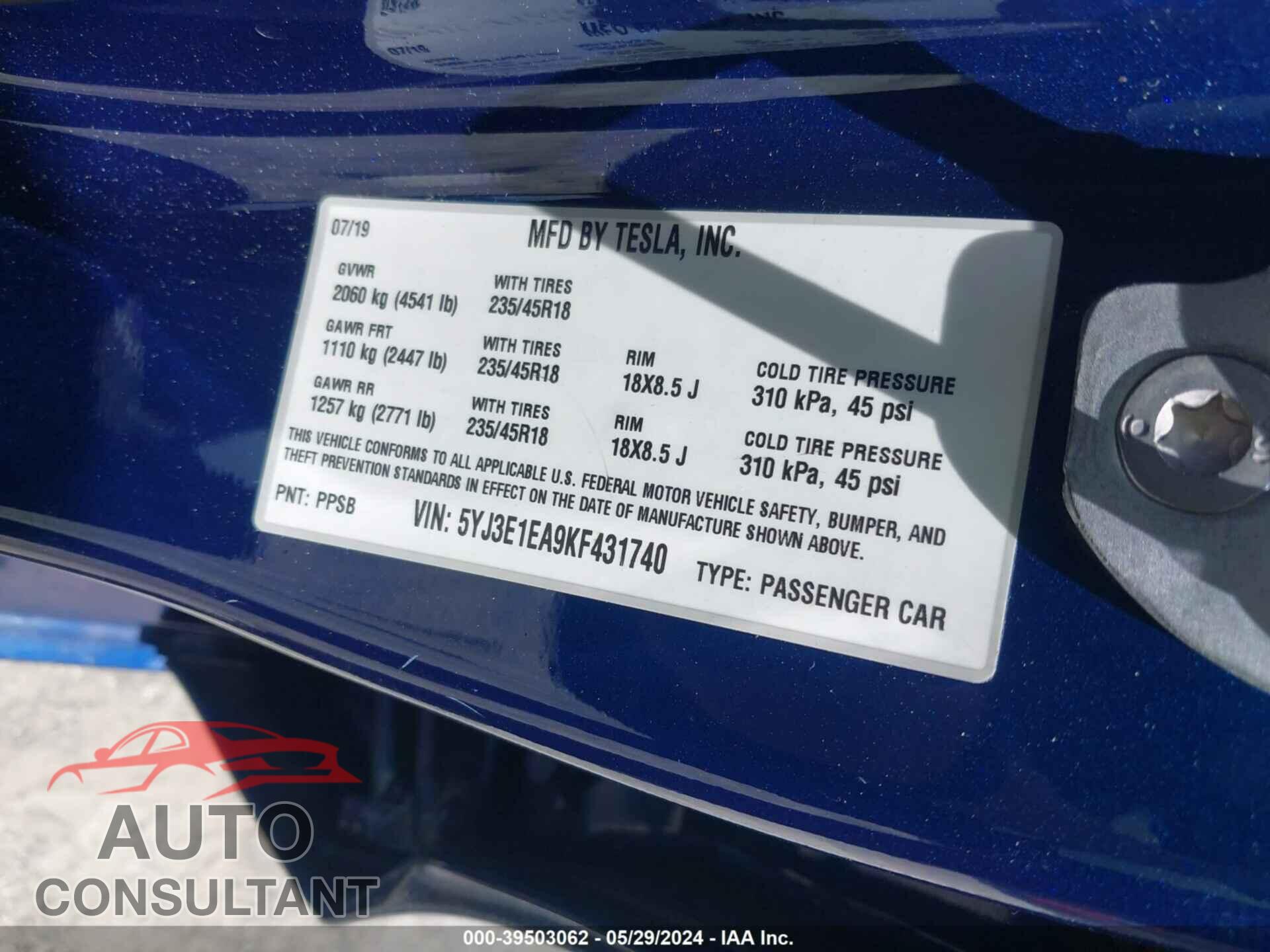 TESLA MODEL 3 2019 - 5YJ3E1EA9KF431740
