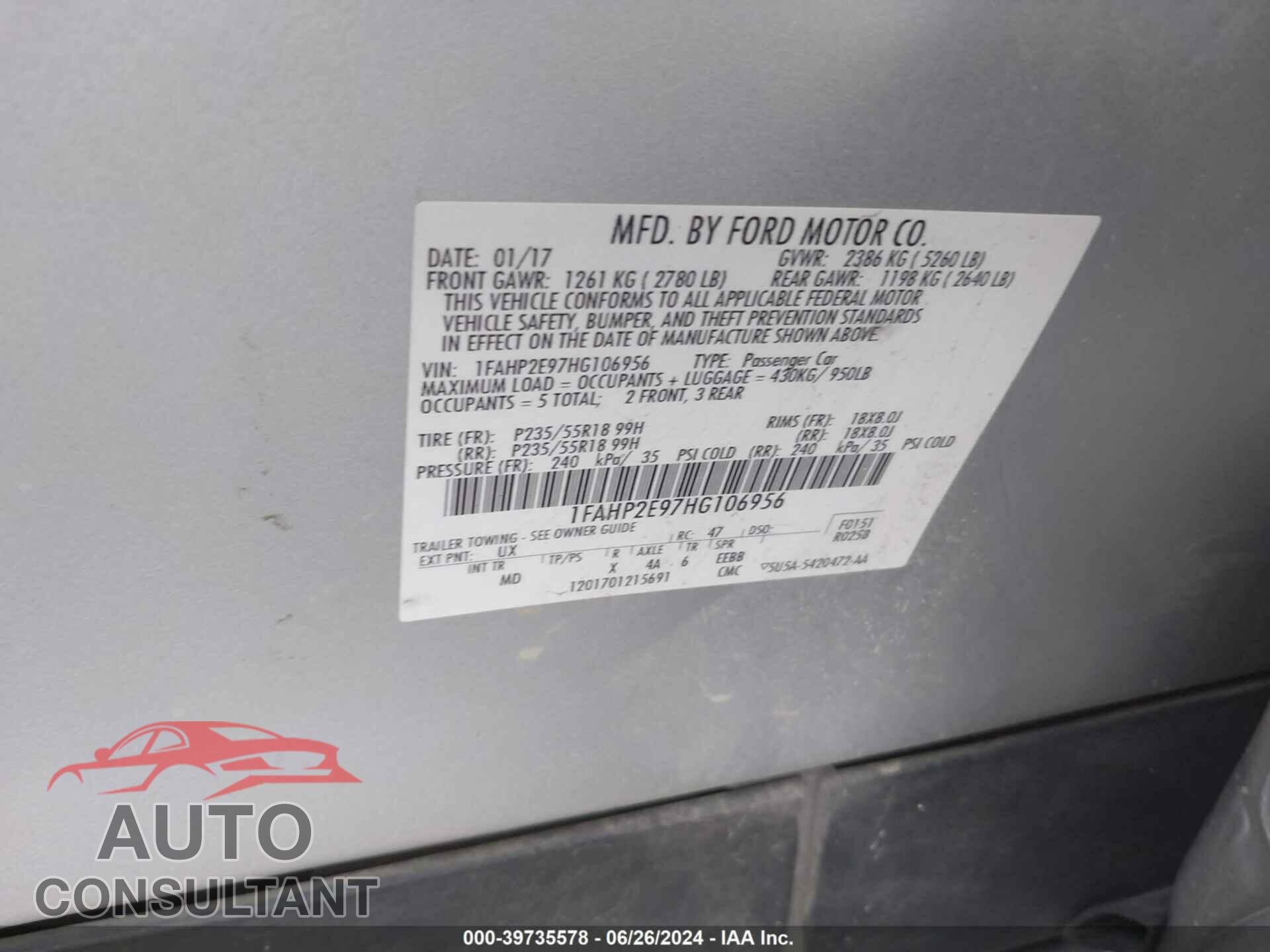 FORD TAURUS 2017 - 1FAHP2E97HG106956