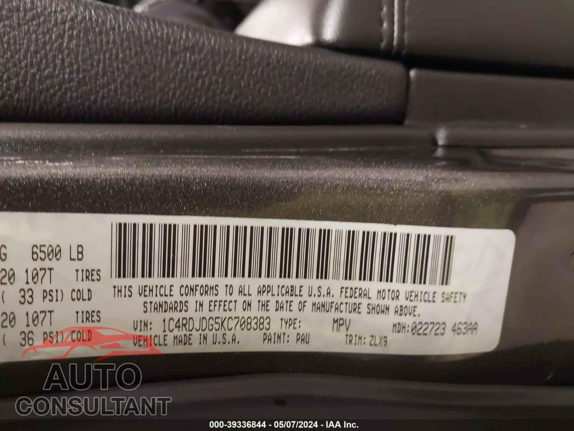 DODGE DURANGO 2019 - 1C4RDJDG5KC708383