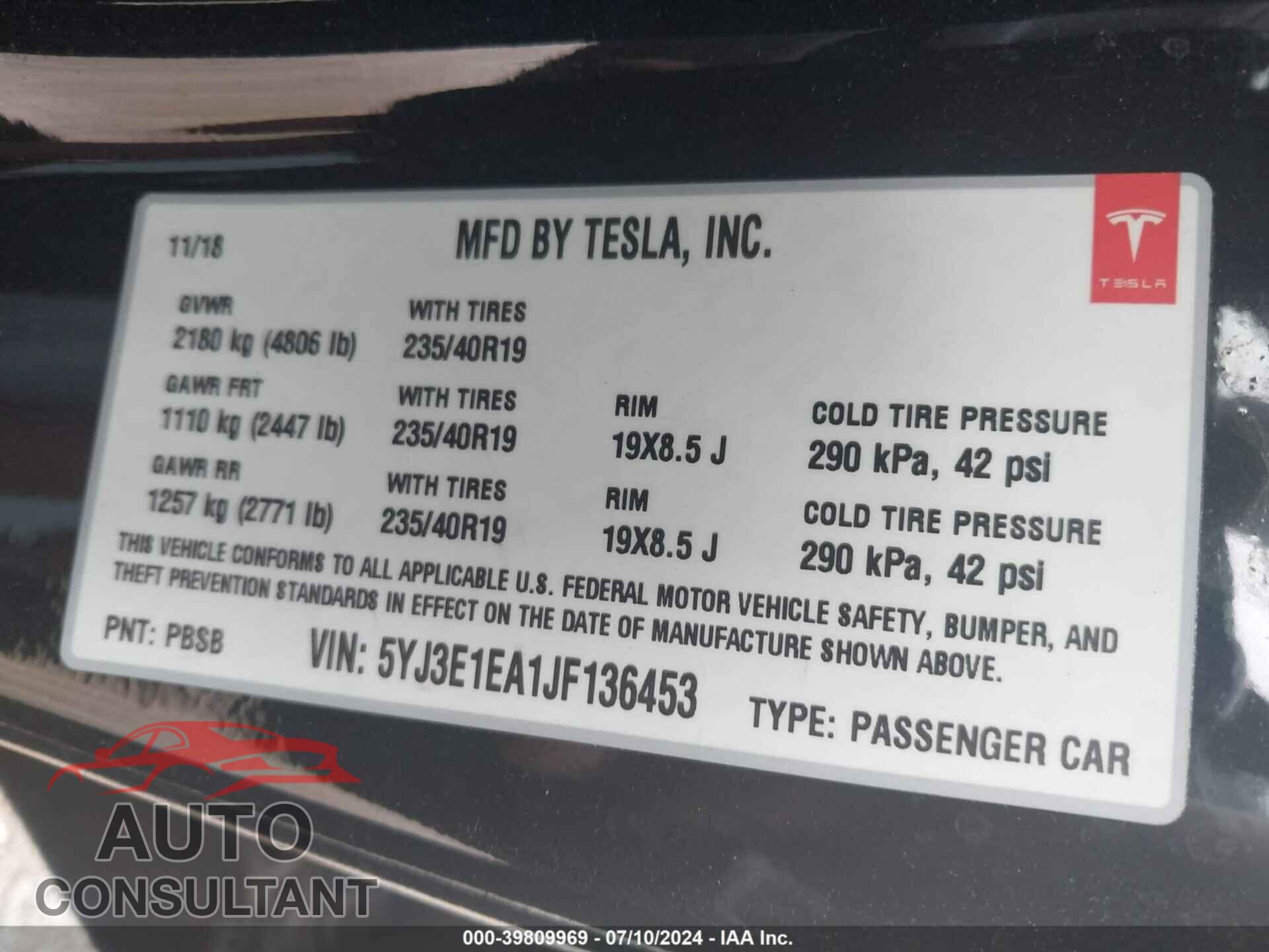 TESLA MODEL 3 2018 - 5YJ3E1EA1JF136453