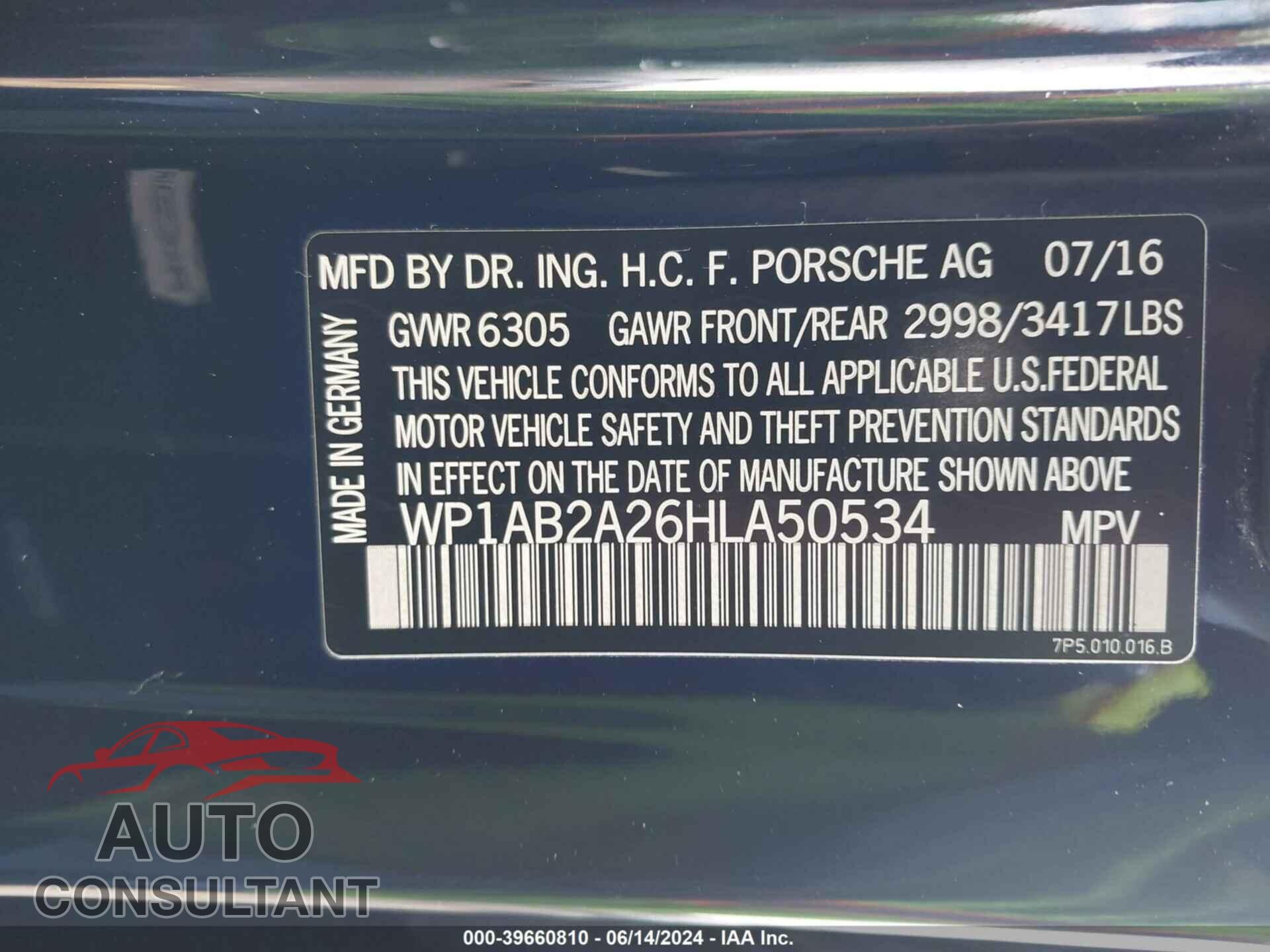PORSCHE CAYENNE 2017 - WP1AB2A26HLA50534