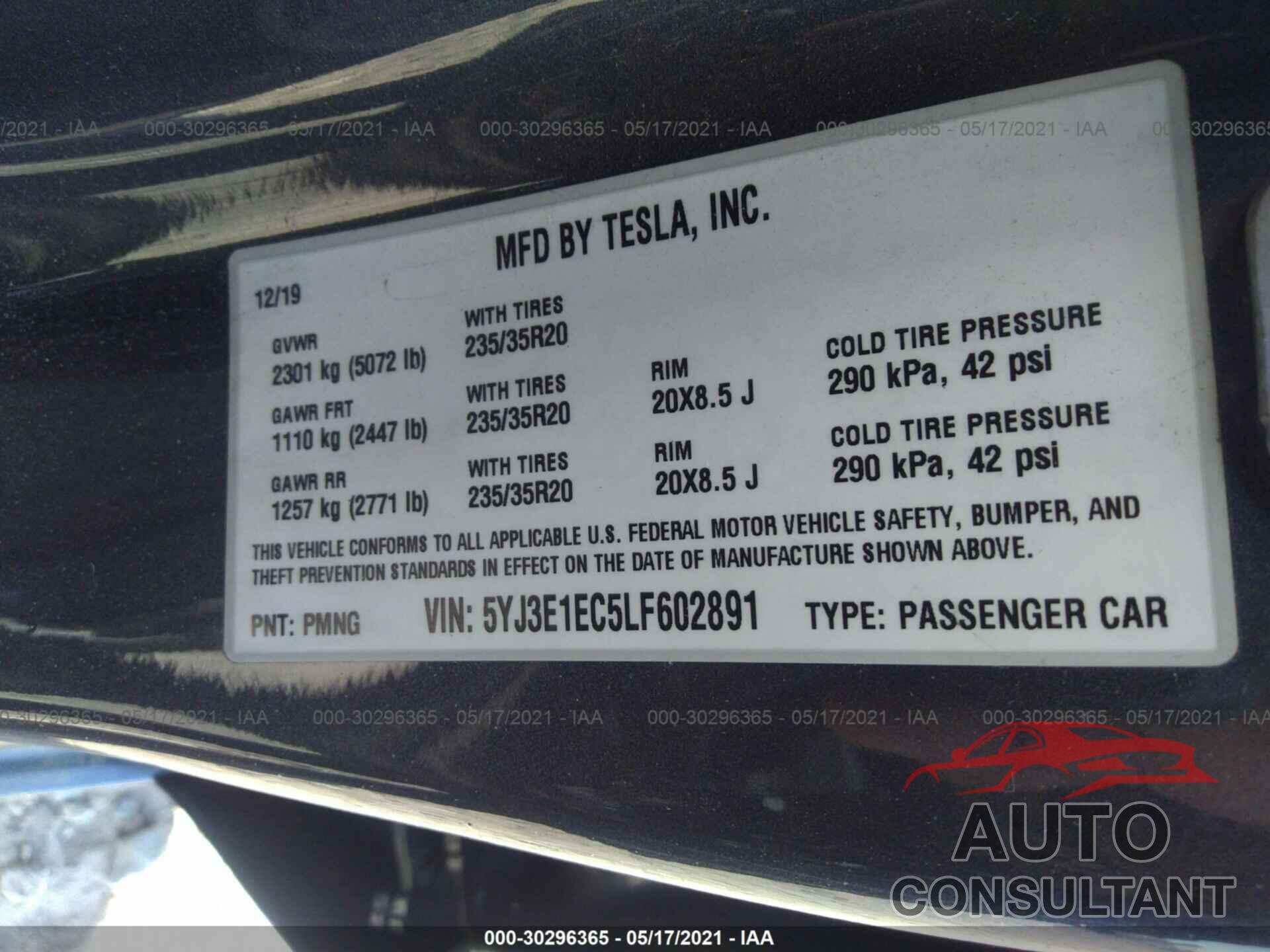 TESLA MODEL 3 2020 - 5YJ3E1EC5LF602891