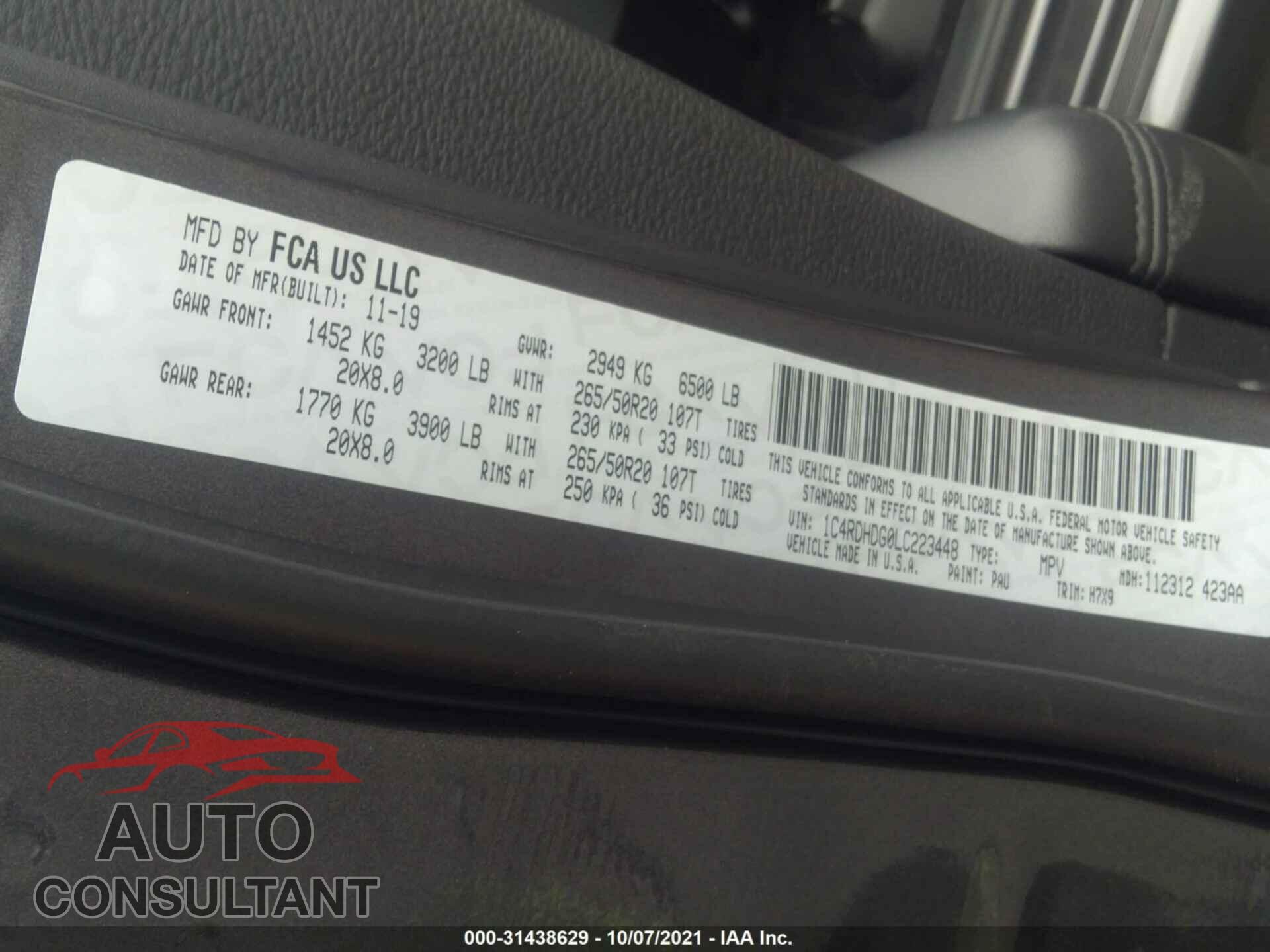 DODGE DURANGO 2020 - 1C4RDHDG0LC223448