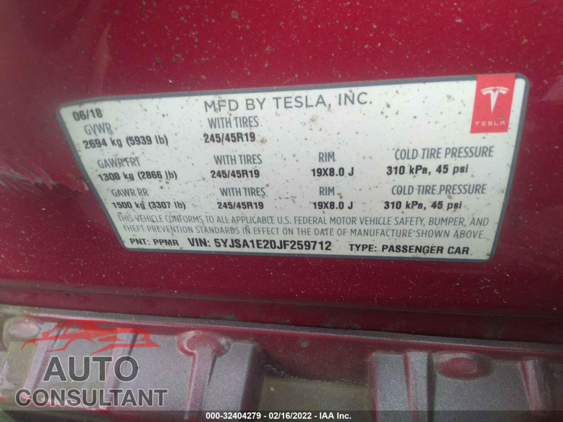 TESLA MODEL S 2018 - 5YJSA1E20JF259712