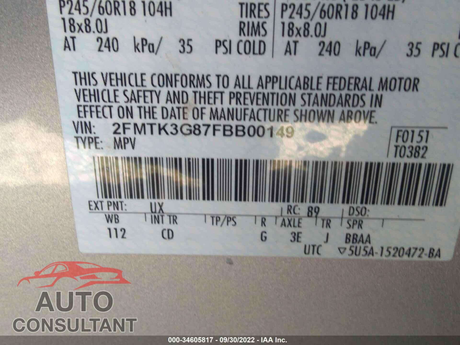 FORD EDGE 2015 - 2FMTK3G87FBB00149