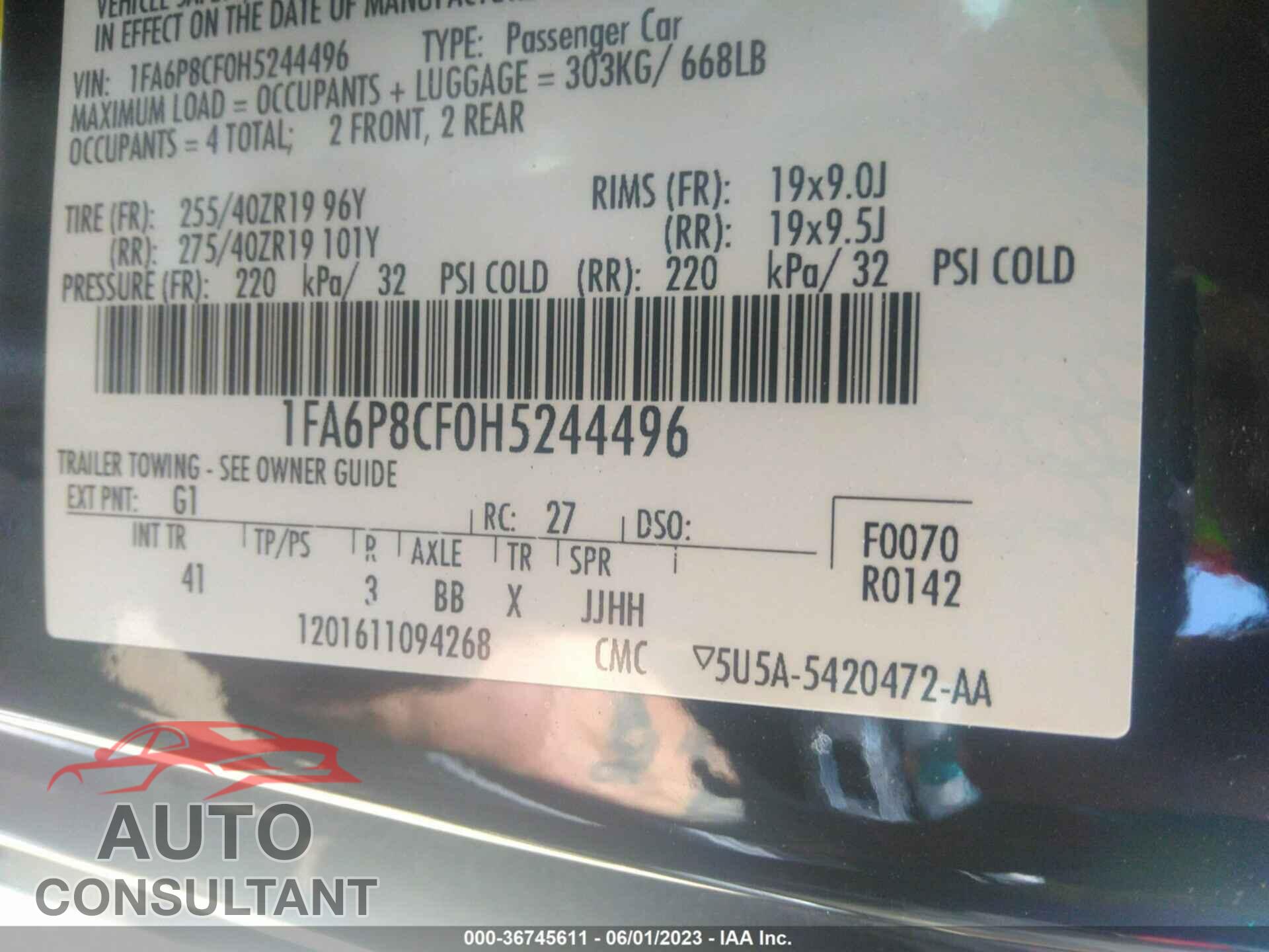 FORD MUSTANG 2017 - 1FA6P8CF0H5244496