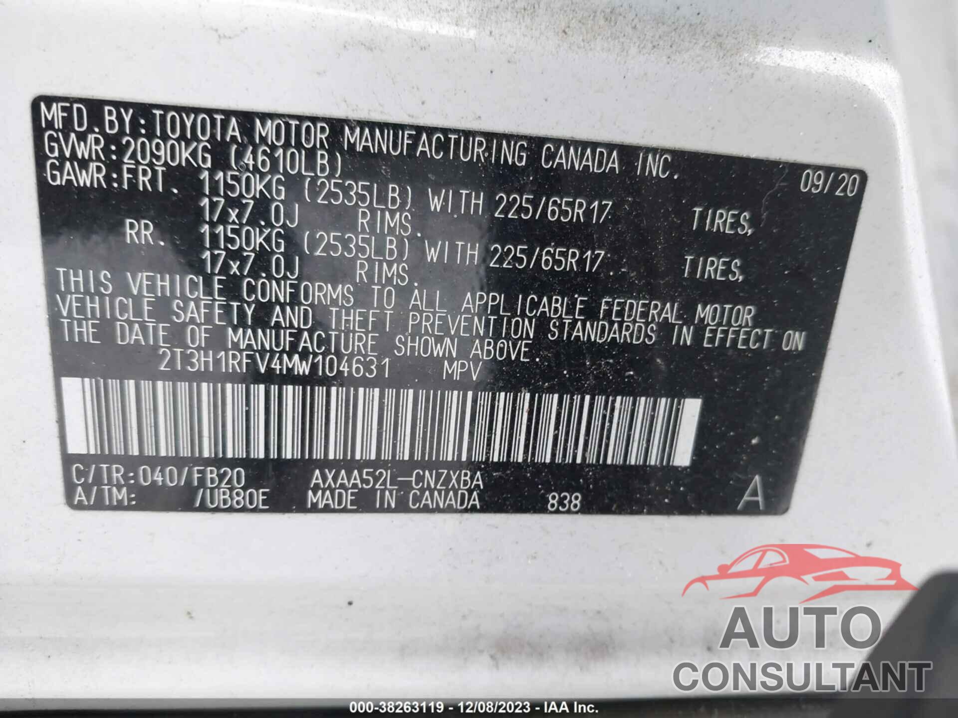 TOYOTA RAV4 2021 - 2T3H1RFV4MW104631