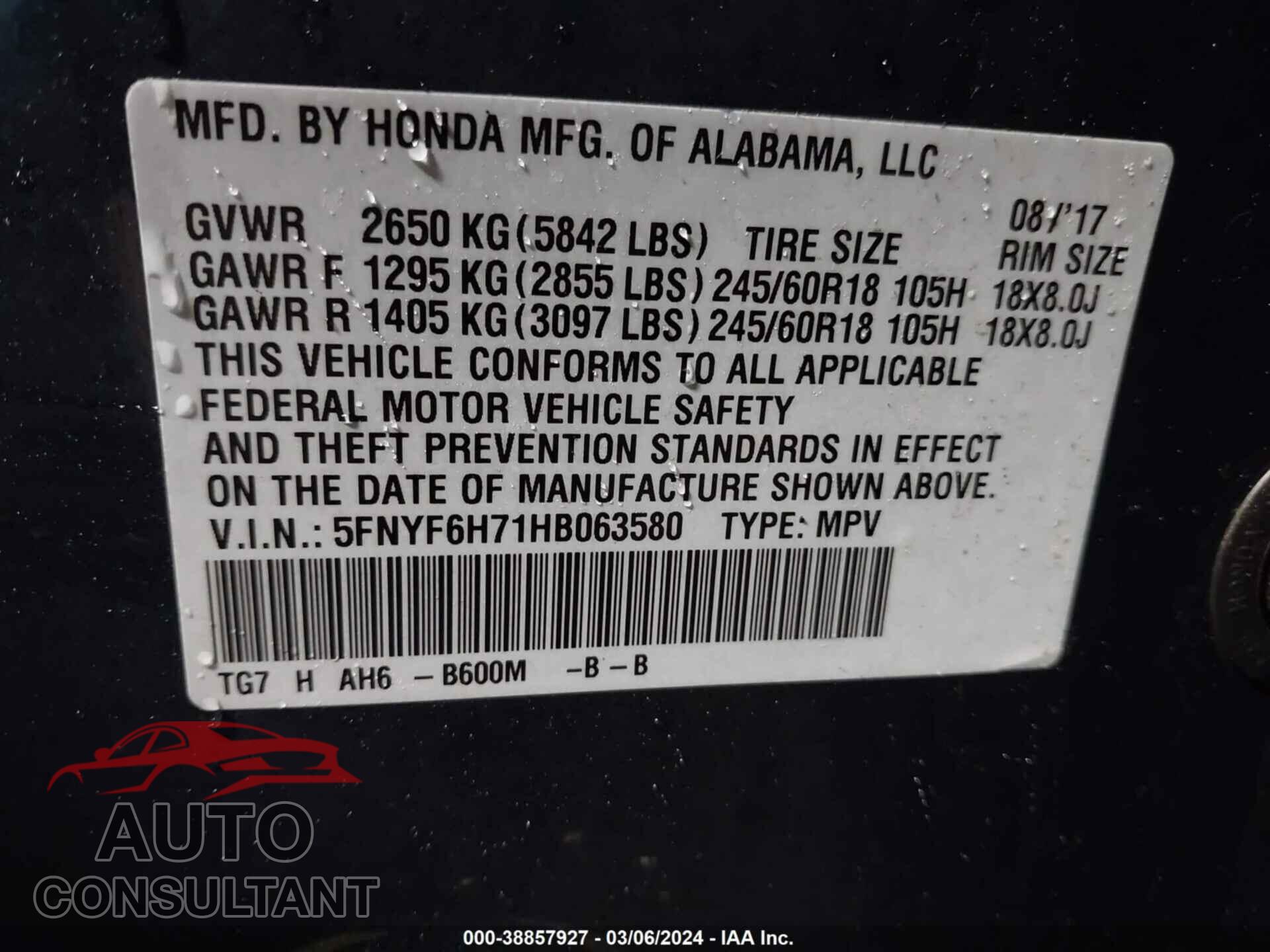 HONDA PILOT 2017 - 5FNYF6H71HB063580