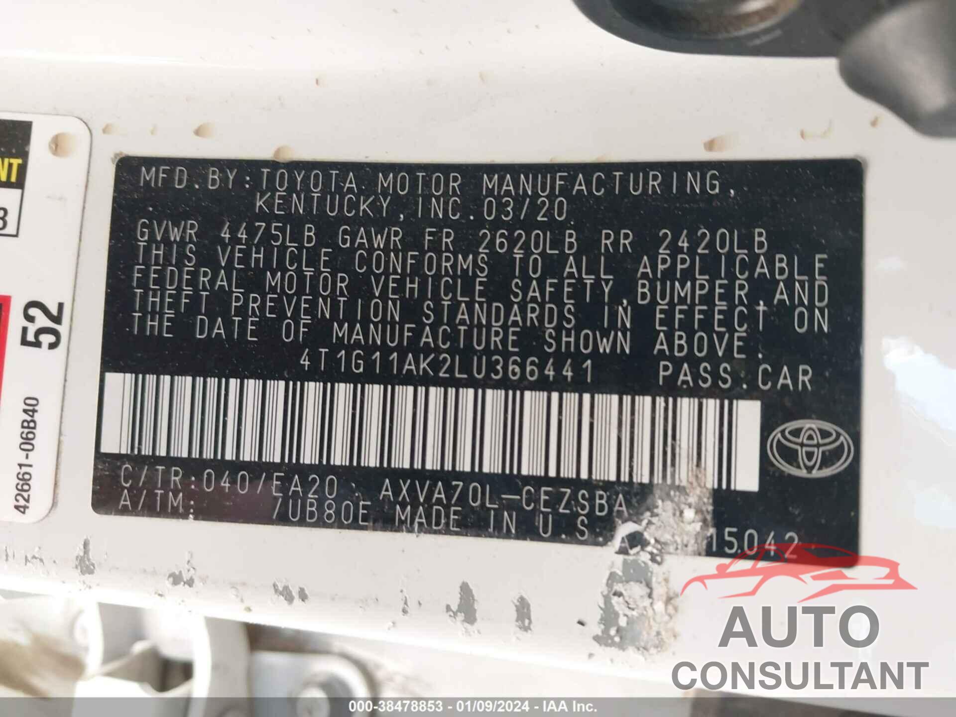 TOYOTA CAMRY 2020 - 4T1G11AK2LU366441