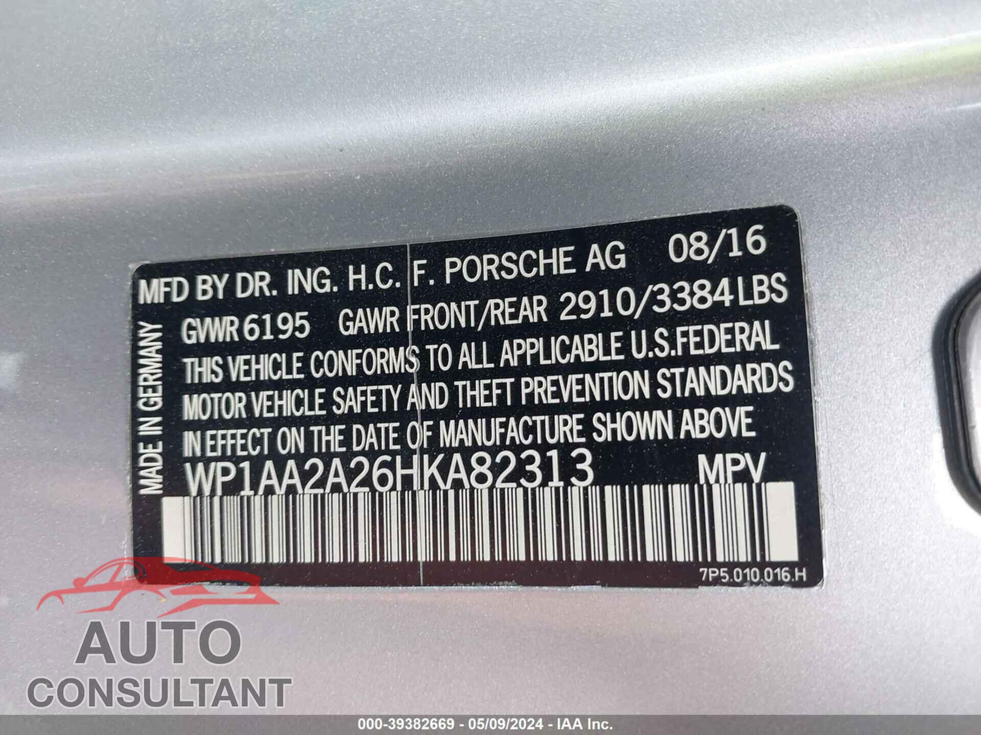 PORSCHE CAYENNE 2017 - WP1AA2A26HKA82313