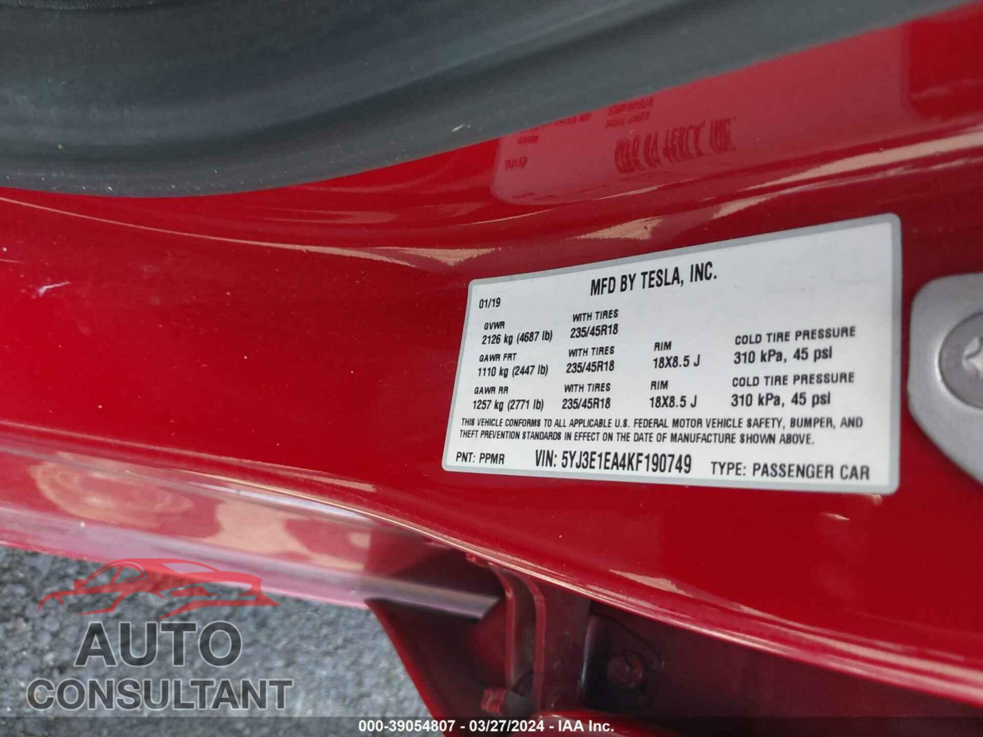 TESLA MODEL 3 2019 - 5YJ3E1EA4KF190749