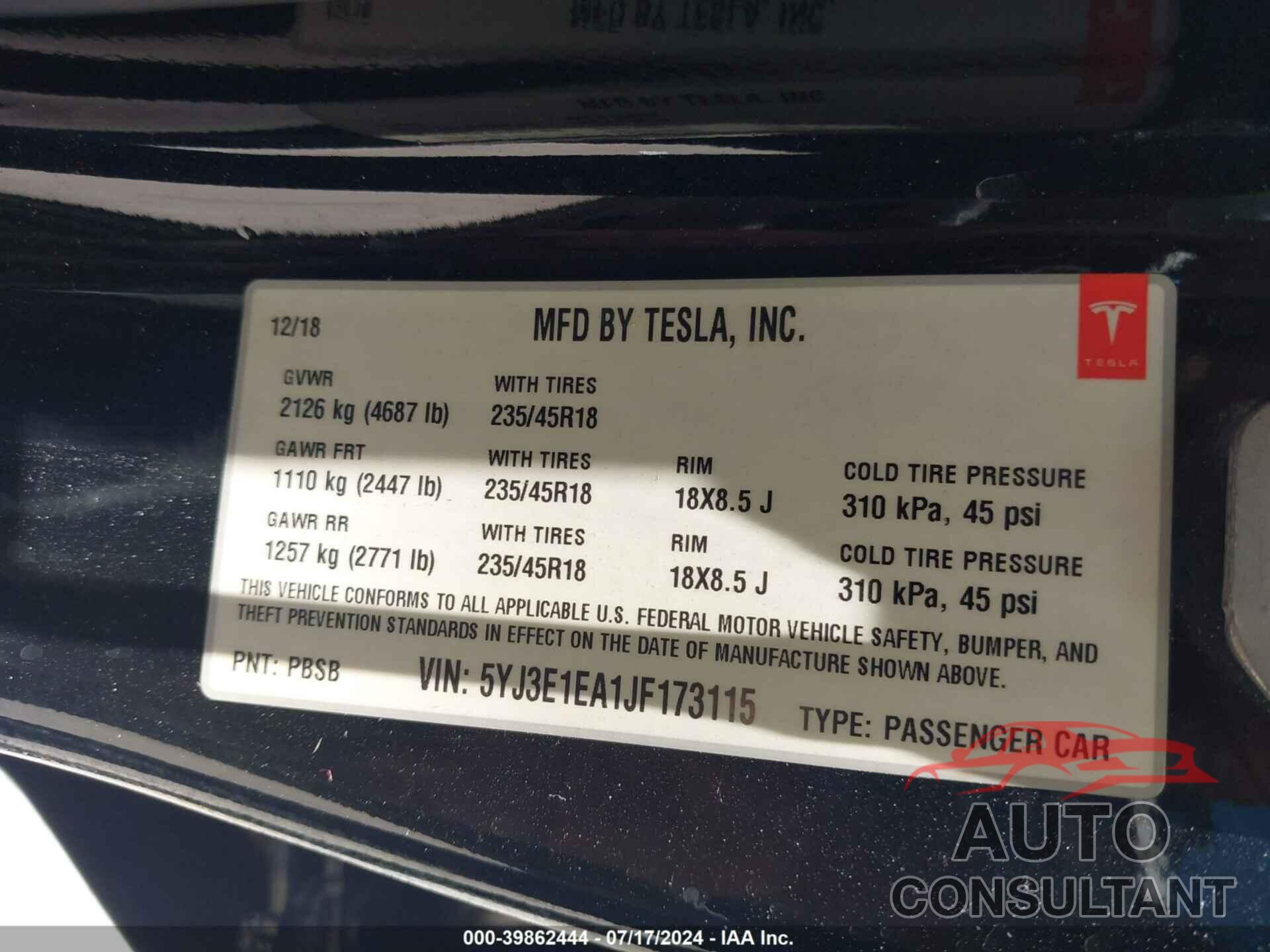 TESLA MODEL 3 2018 - 5YJ3E1EA1JF173115