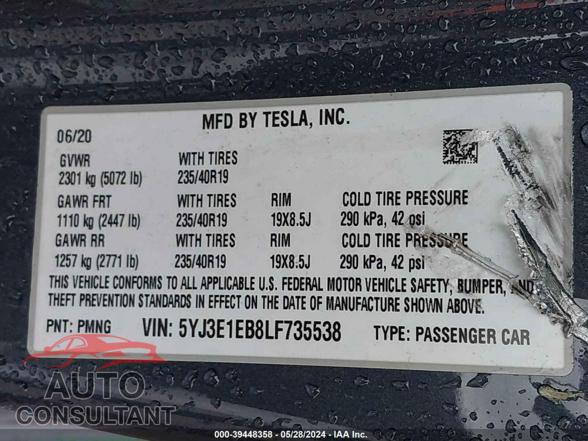 TESLA MODEL 3 2020 - 5YJ3E1EB8LF735538