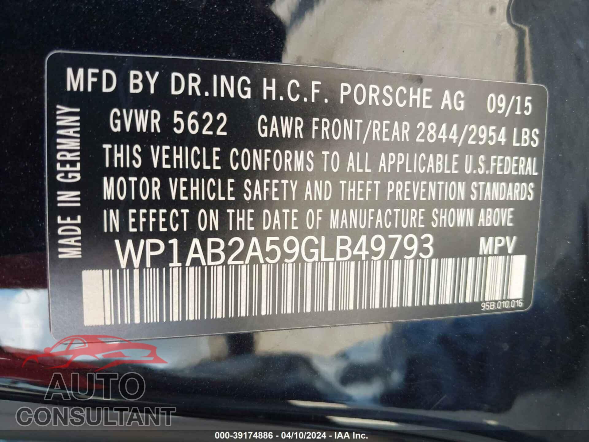 PORSCHE MACAN 2016 - WP1AB2A59GLB49793