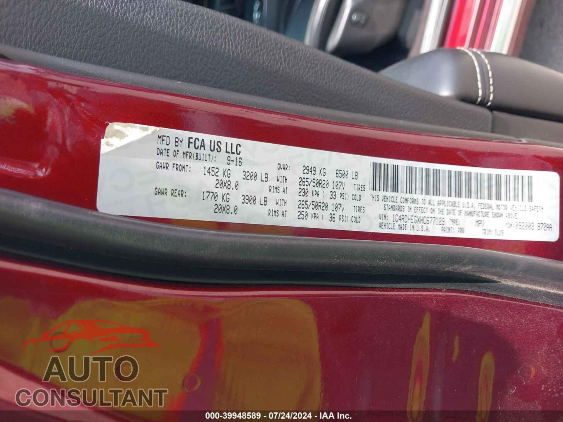 DODGE DURANGO 2017 - 1C4RDHEGXHC677129
