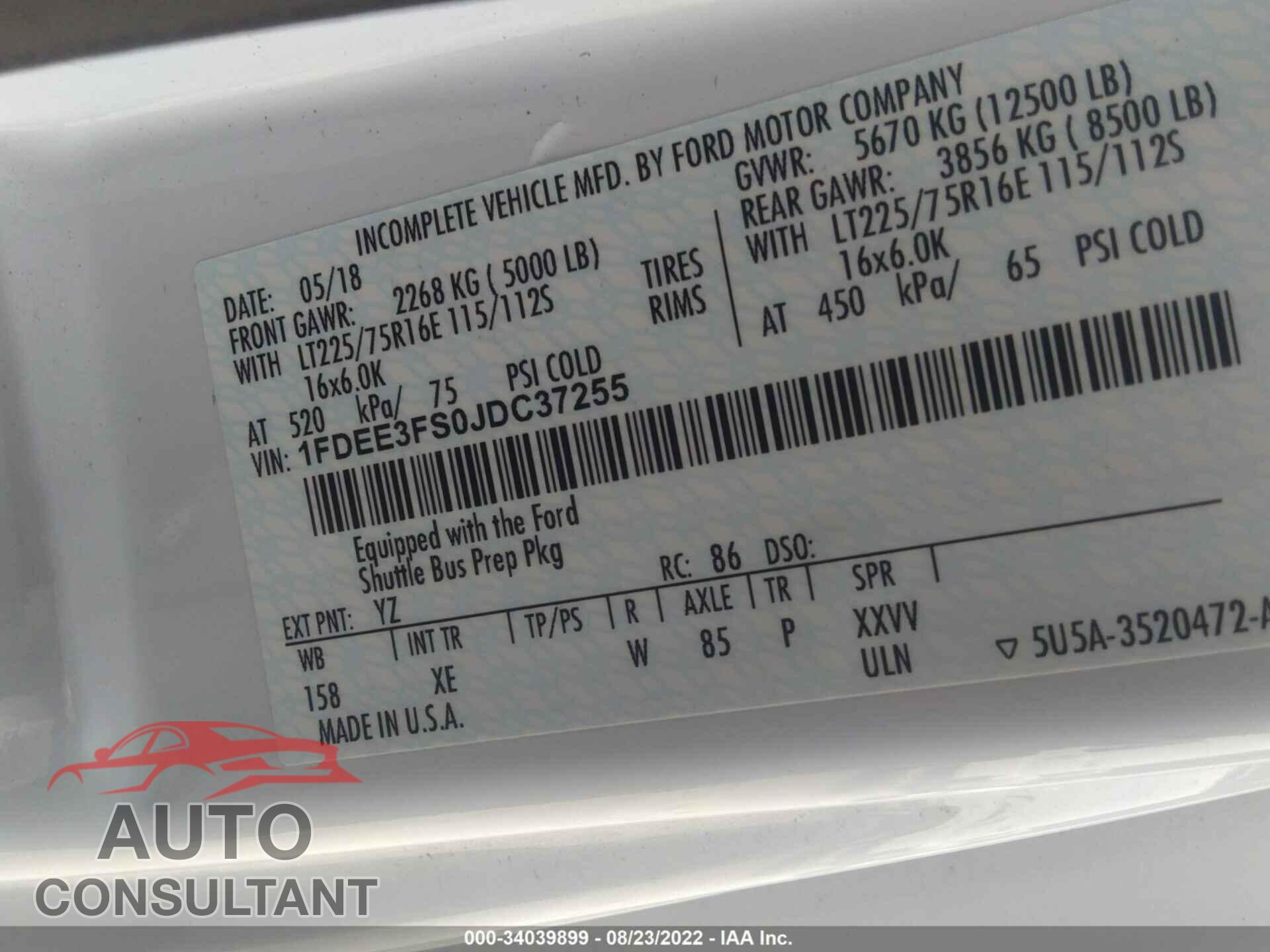 FORD E-SERIES CUTAWAY 2018 - 1FDEE3FS0JDC37255
