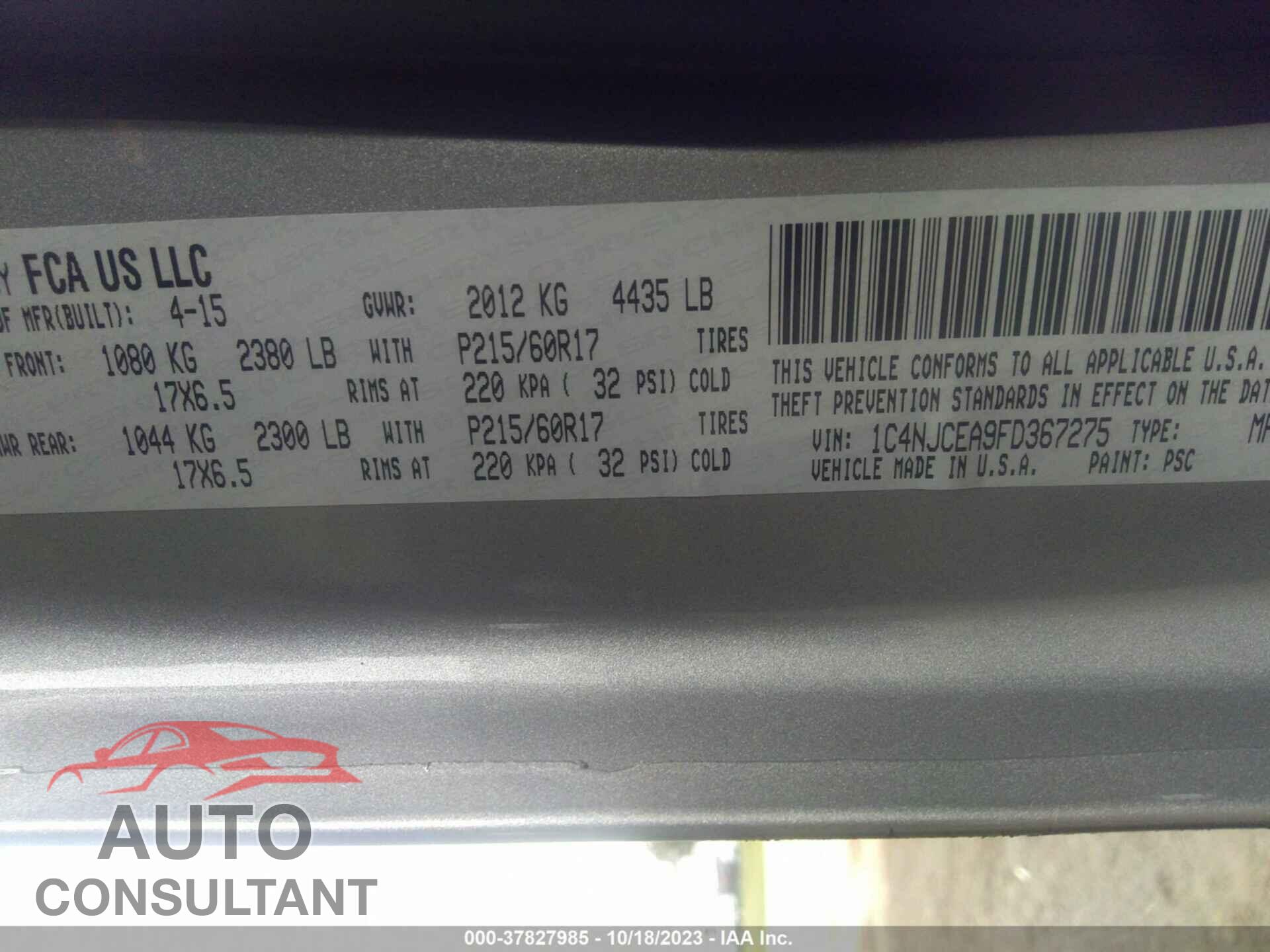 JEEP COMPASS 2015 - 1C4NJCEA9FD367275