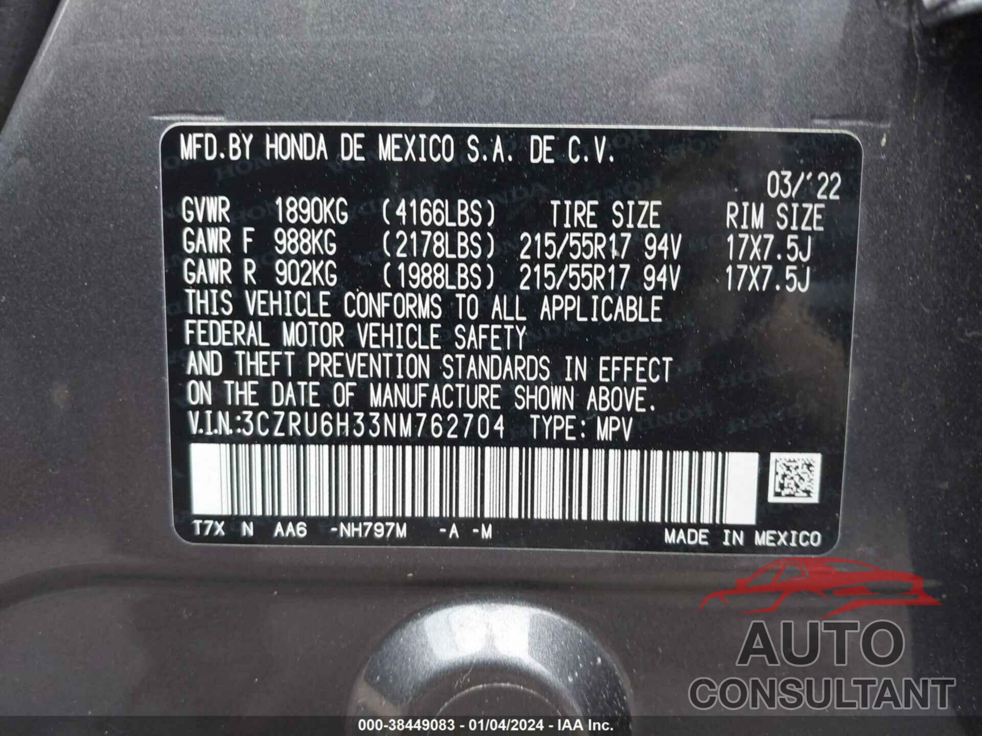 HONDA HR-V 2022 - 3CZRU6H33NM762704