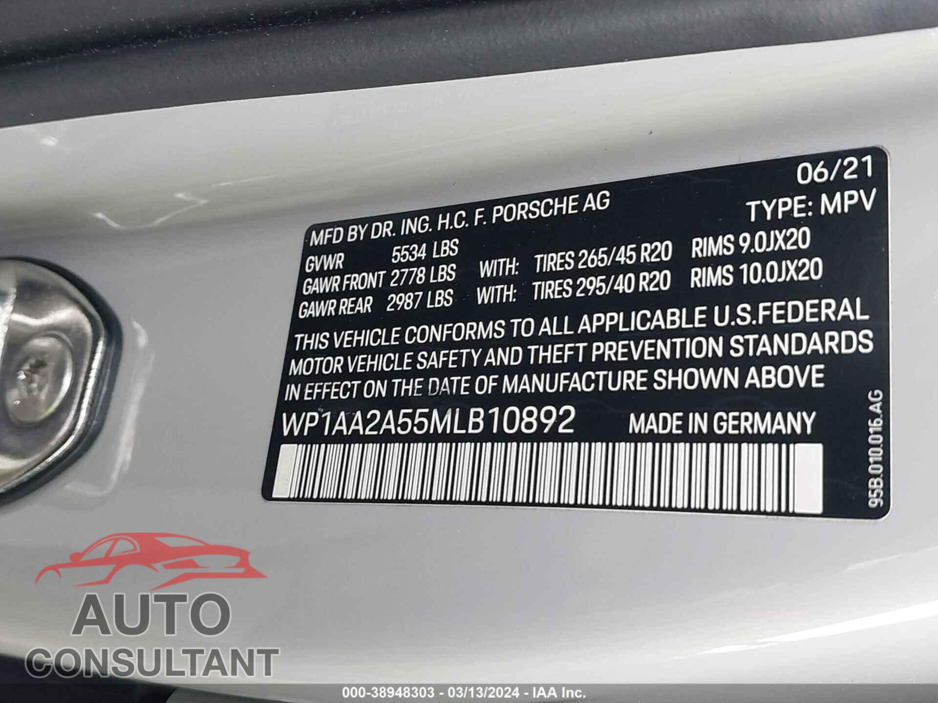 PORSCHE MACAN 2021 - WP1AA2A55MLB10892