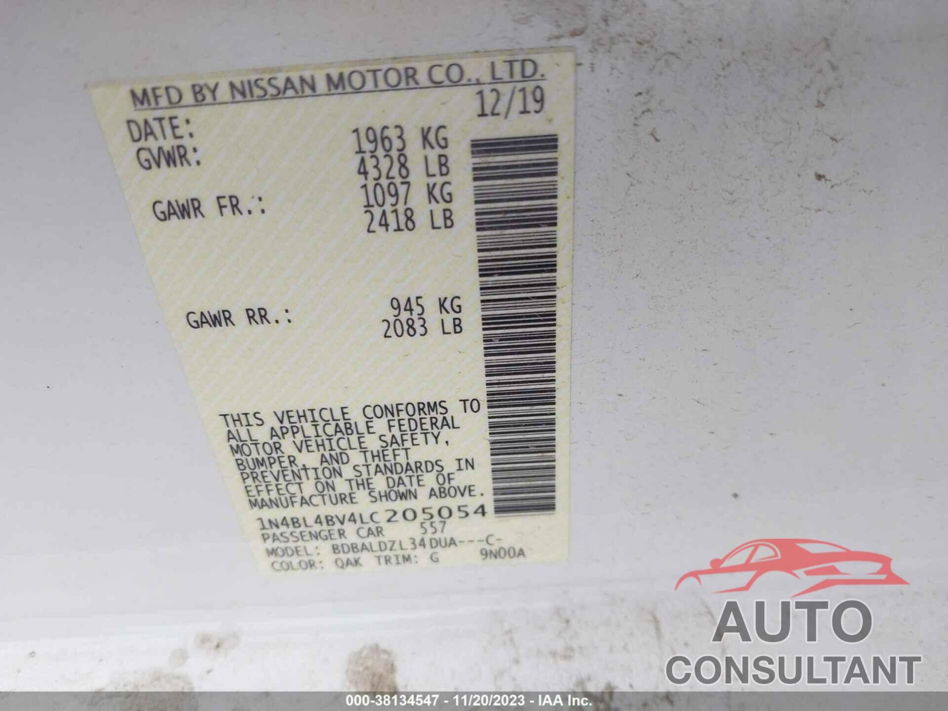 NISSAN ALTIMA 2020 - 1N4BL4BV4LC205054