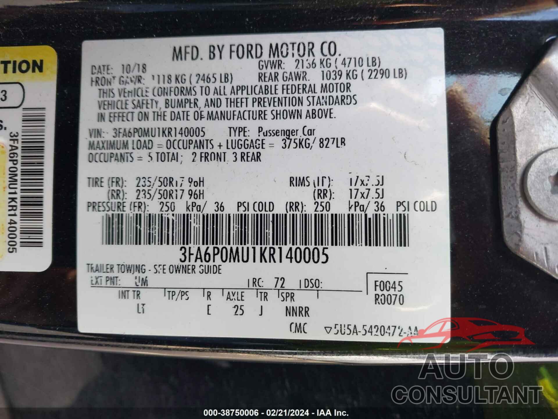 FORD FUSION HYBRID 2019 - 3FA6P0MU1KR140005