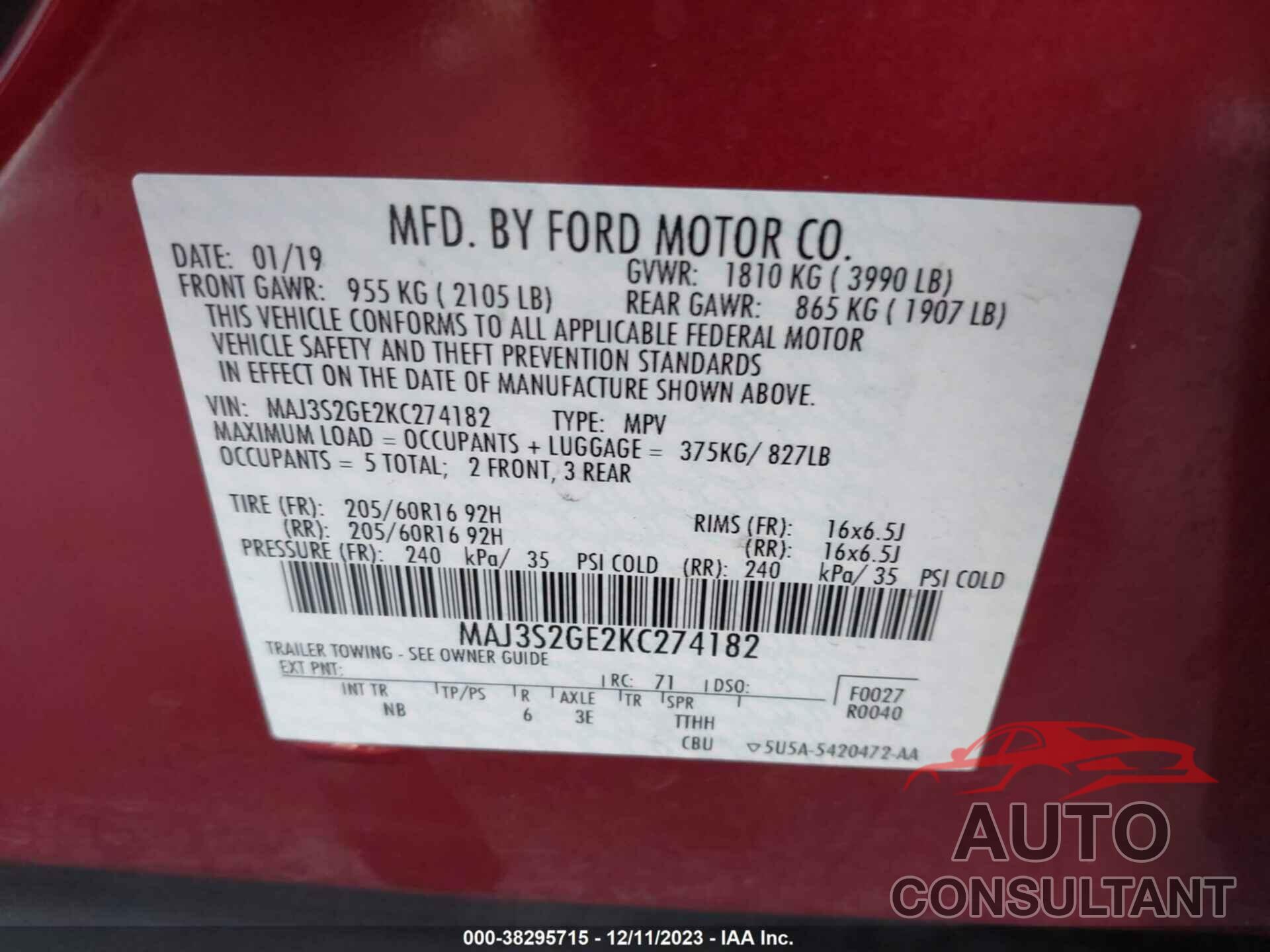 FORD ECOSPORT 2019 - MAJ3S2GE2KC274182