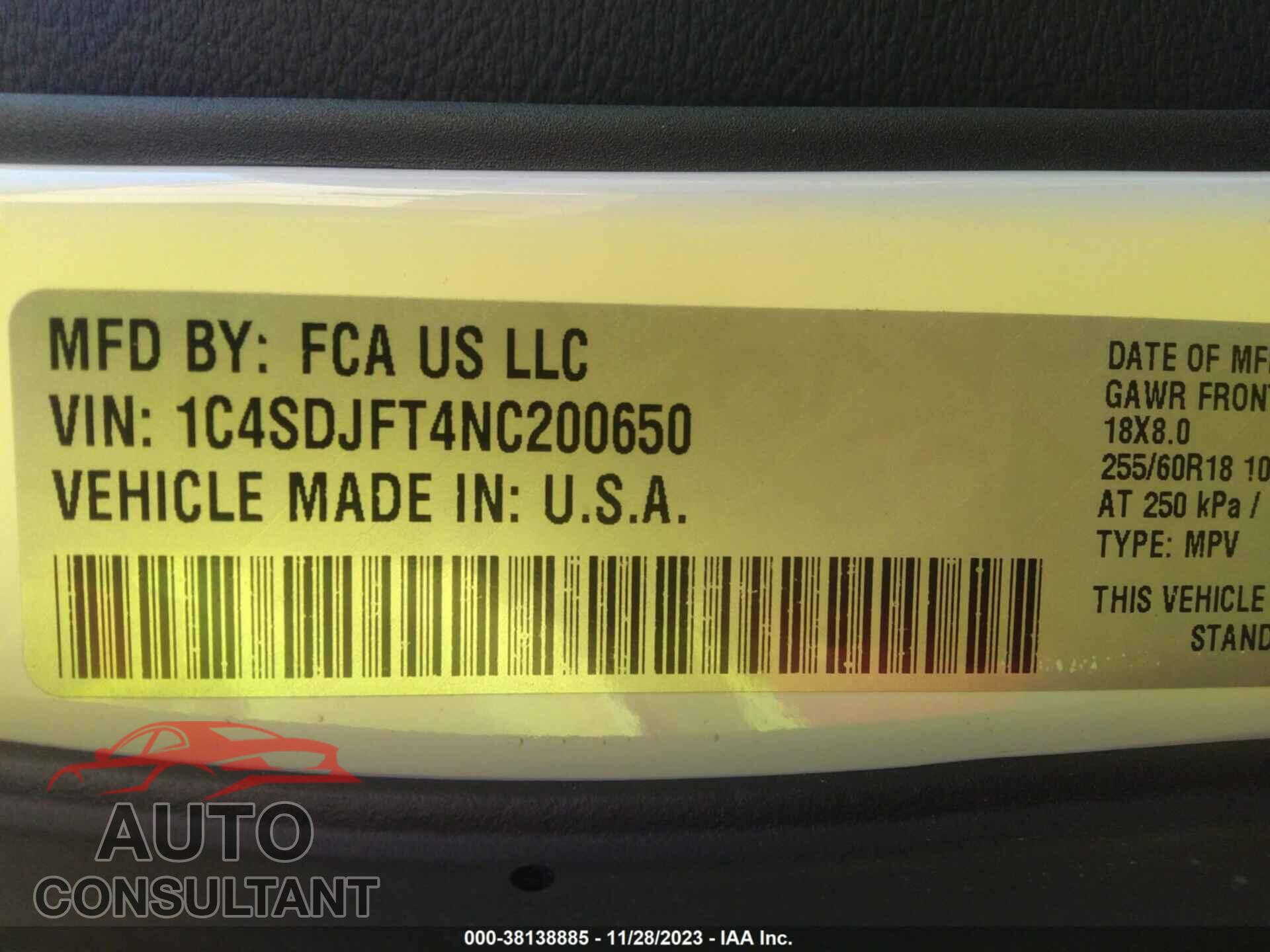 DODGE DURANGO 2022 - 1C4SDJFT4NC200650
