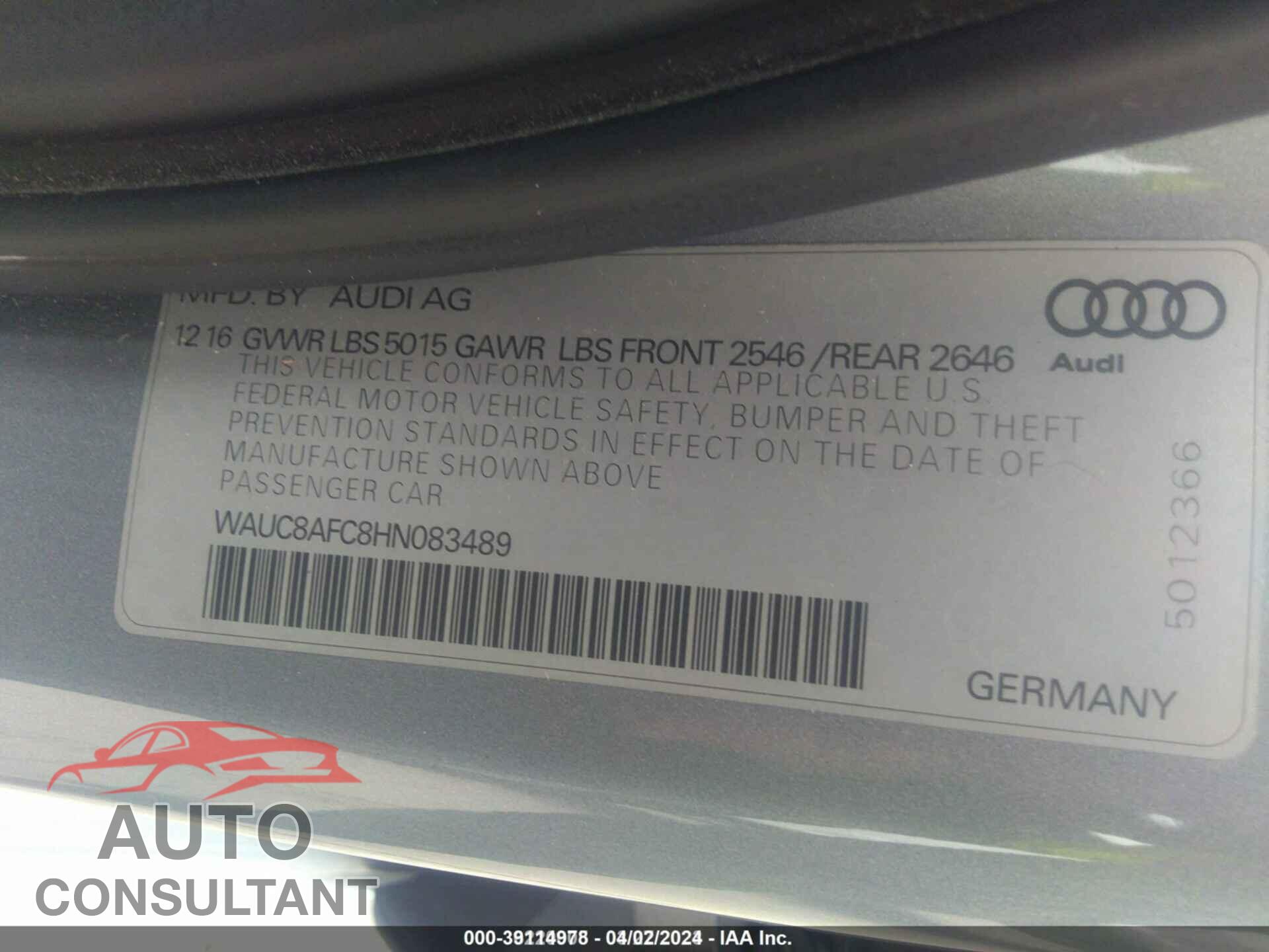 AUDI A6 2017 - WAUC8AFC8HN083489