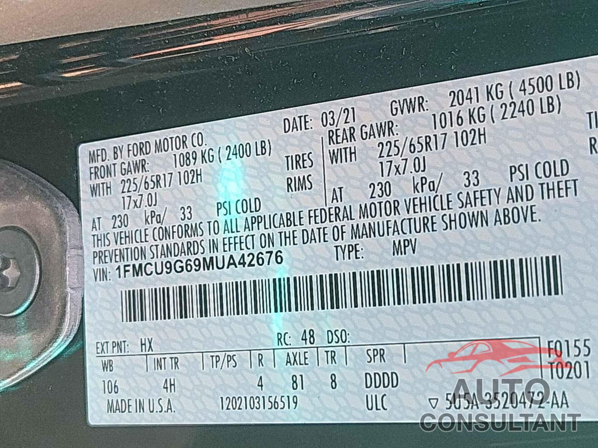 FORD ESCAPE 2021 - 1FMCU9G69MUA42676
