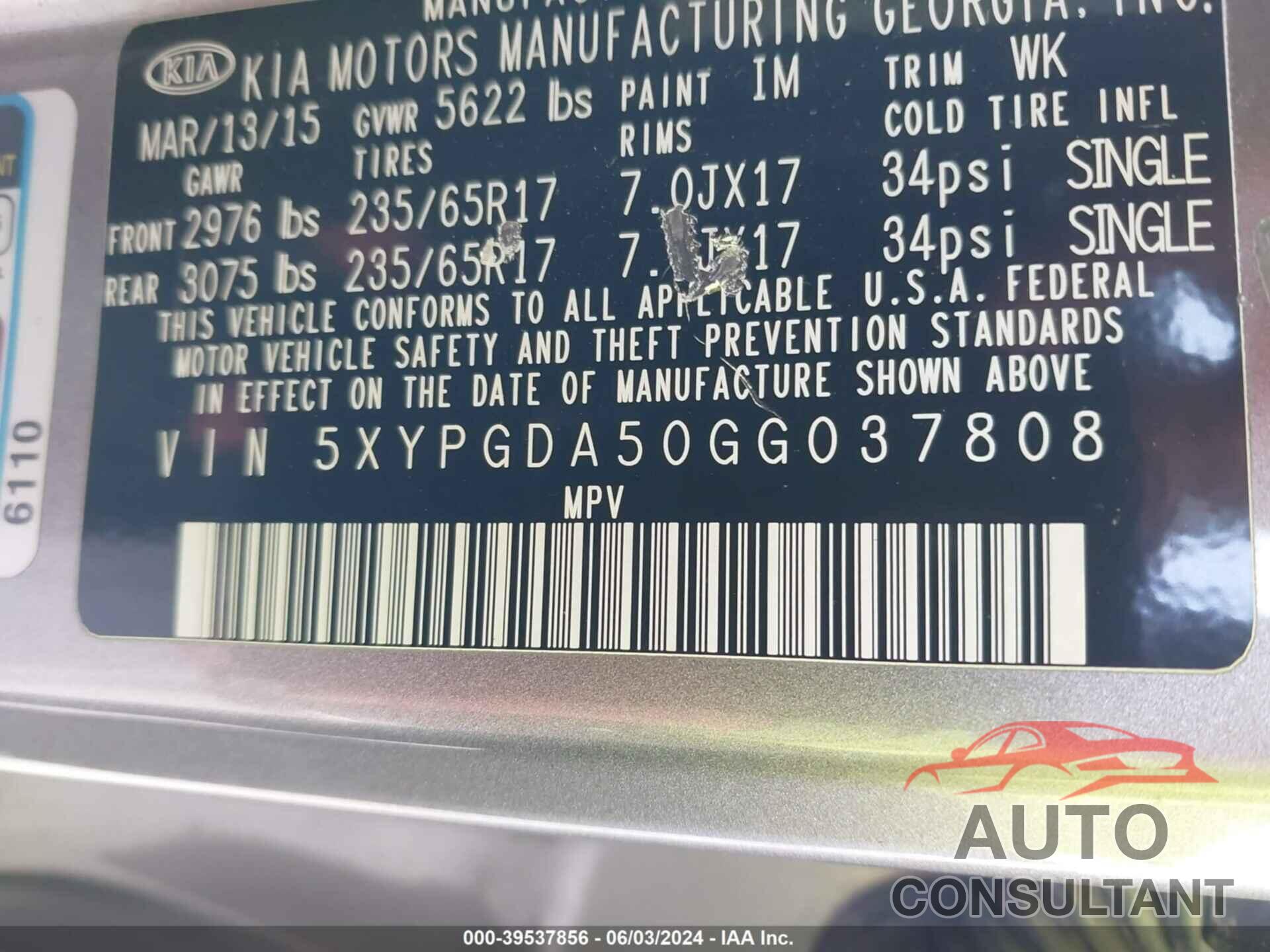 KIA SORENTO 2016 - 5XYPGDA50GG037808