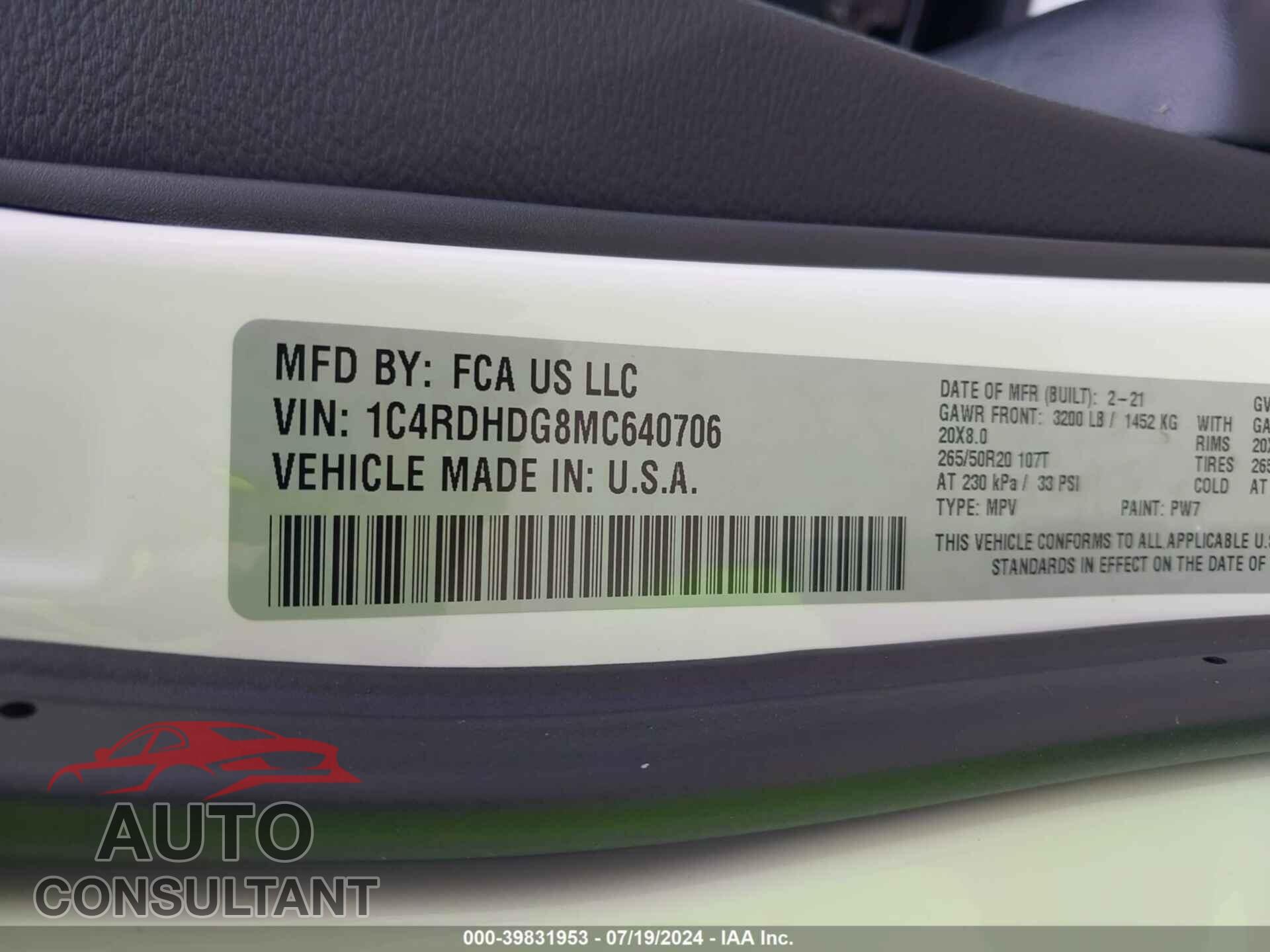 DODGE DURANGO 2021 - 1C4RDHDG8MC640706