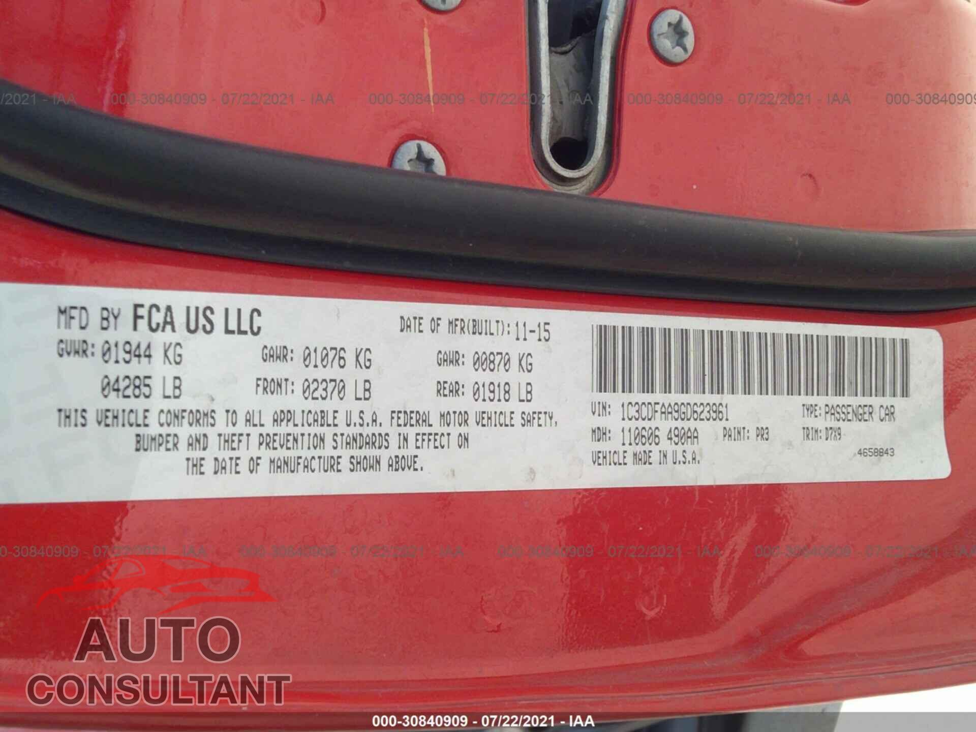 DODGE DART 2016 - 1C3CDFAA9GD623961