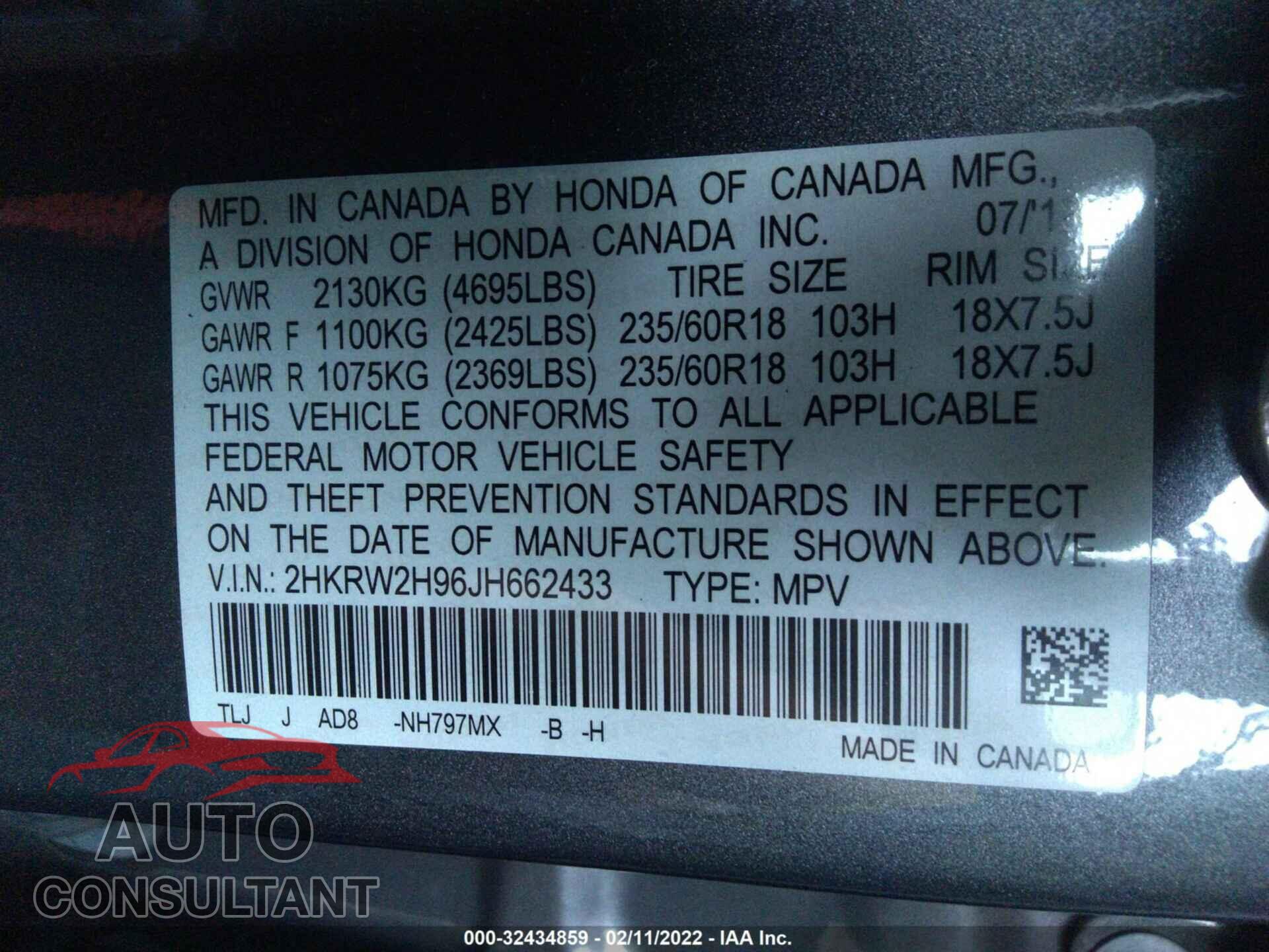 HONDA CR-V 2018 - 2HKRW2H96JH662433