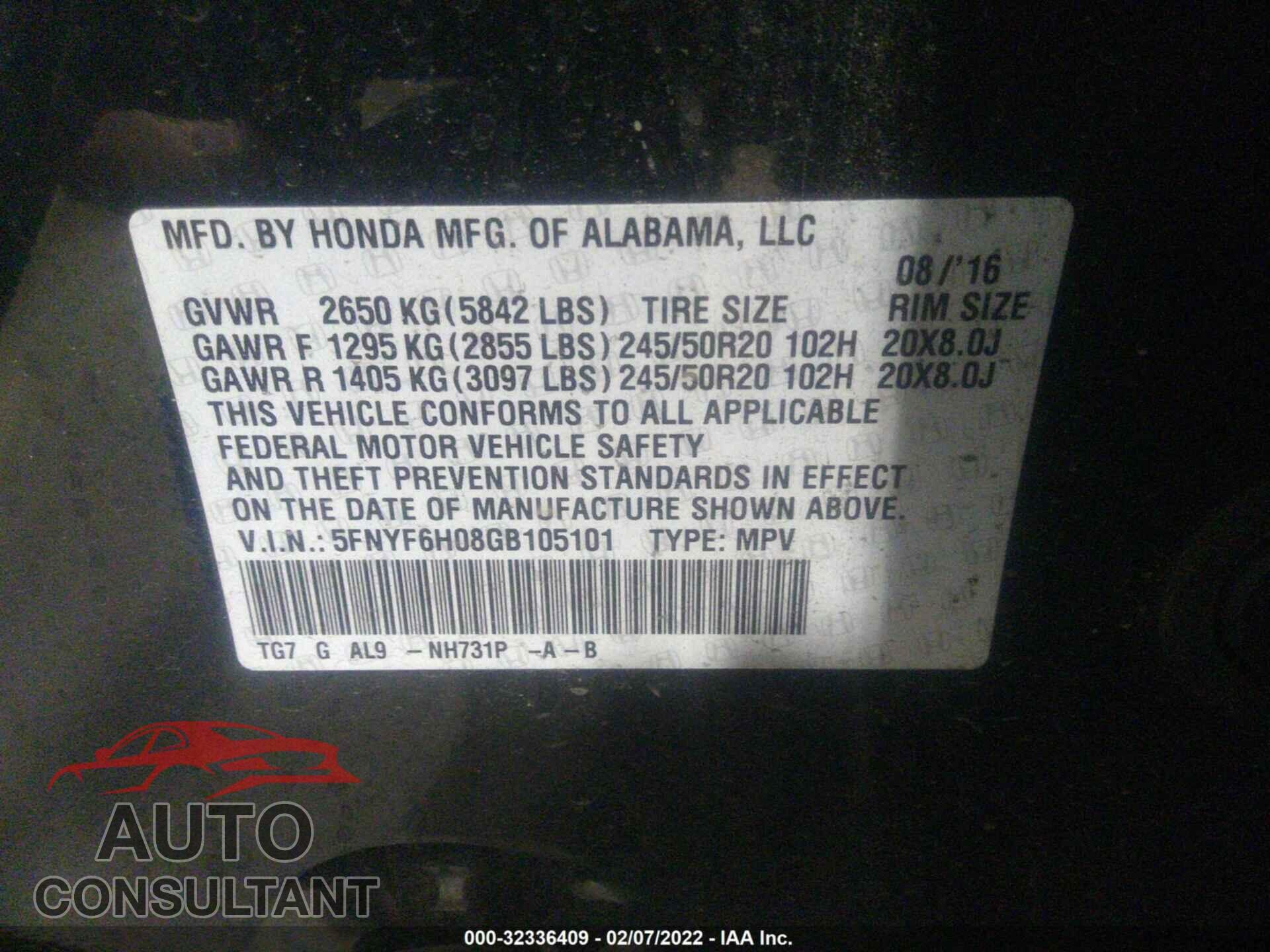 HONDA PILOT 2016 - 5FNYF6H08GB105101