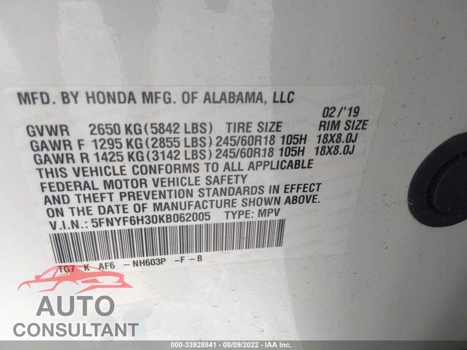HONDA PILOT 2019 - 5FNYF6H30KB062005