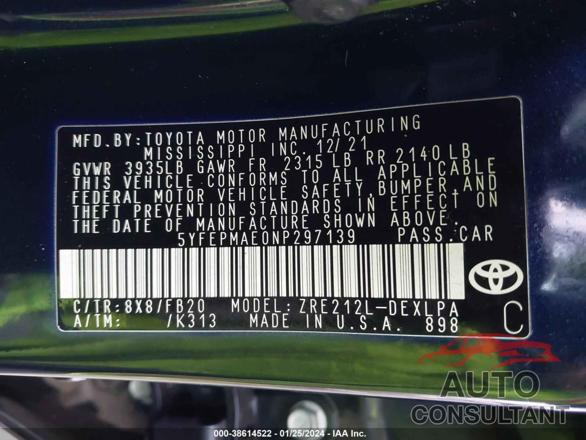 TOYOTA COROLLA 2022 - 5YFEPMAE0NP297139